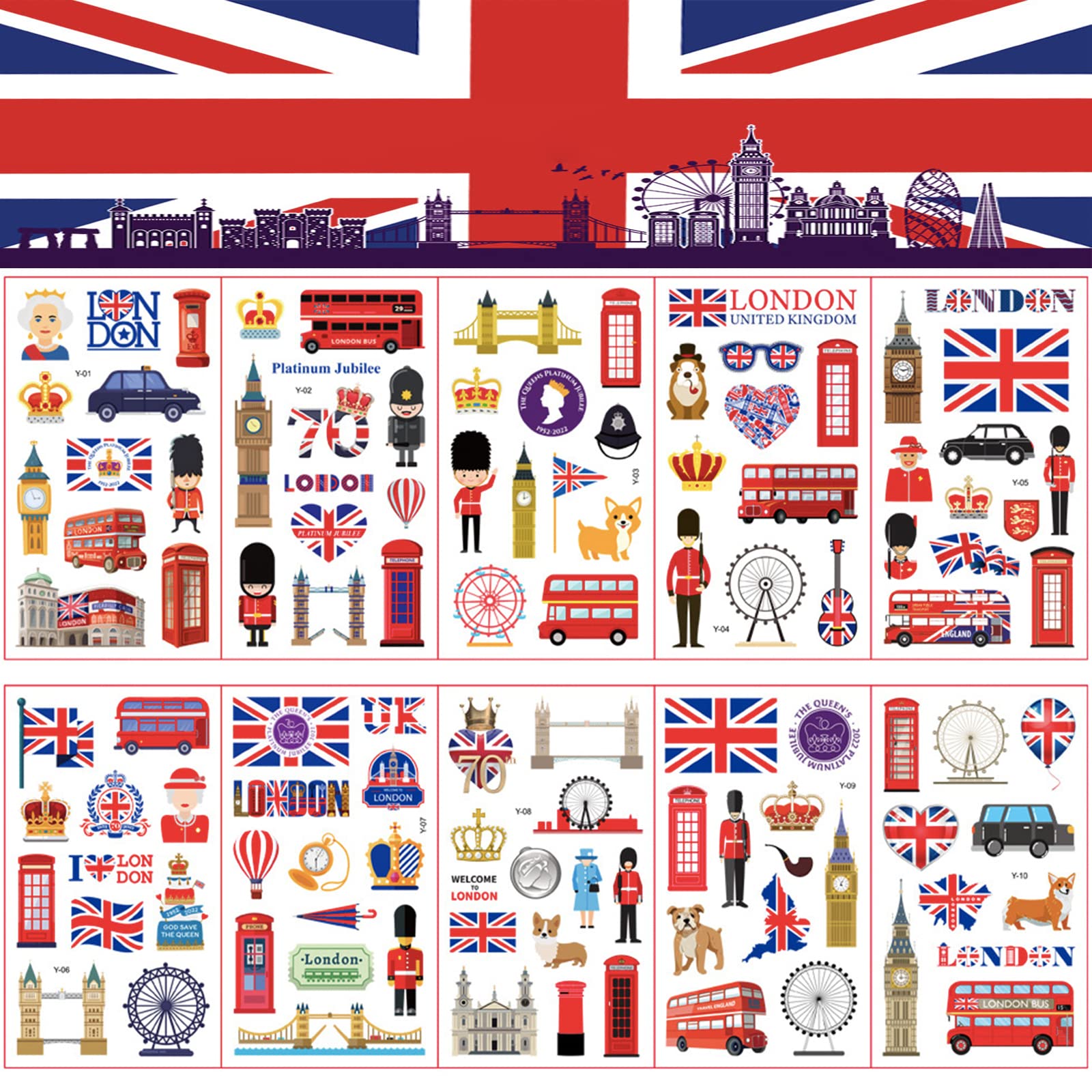 10 Sheet Union Jack Flag Tattoos for VE-Day 80th Anniversary Decorations, Coronation Temporary Stickers, UK Fake Tattoos for Adults, Kids - Union Jack Party Supplies