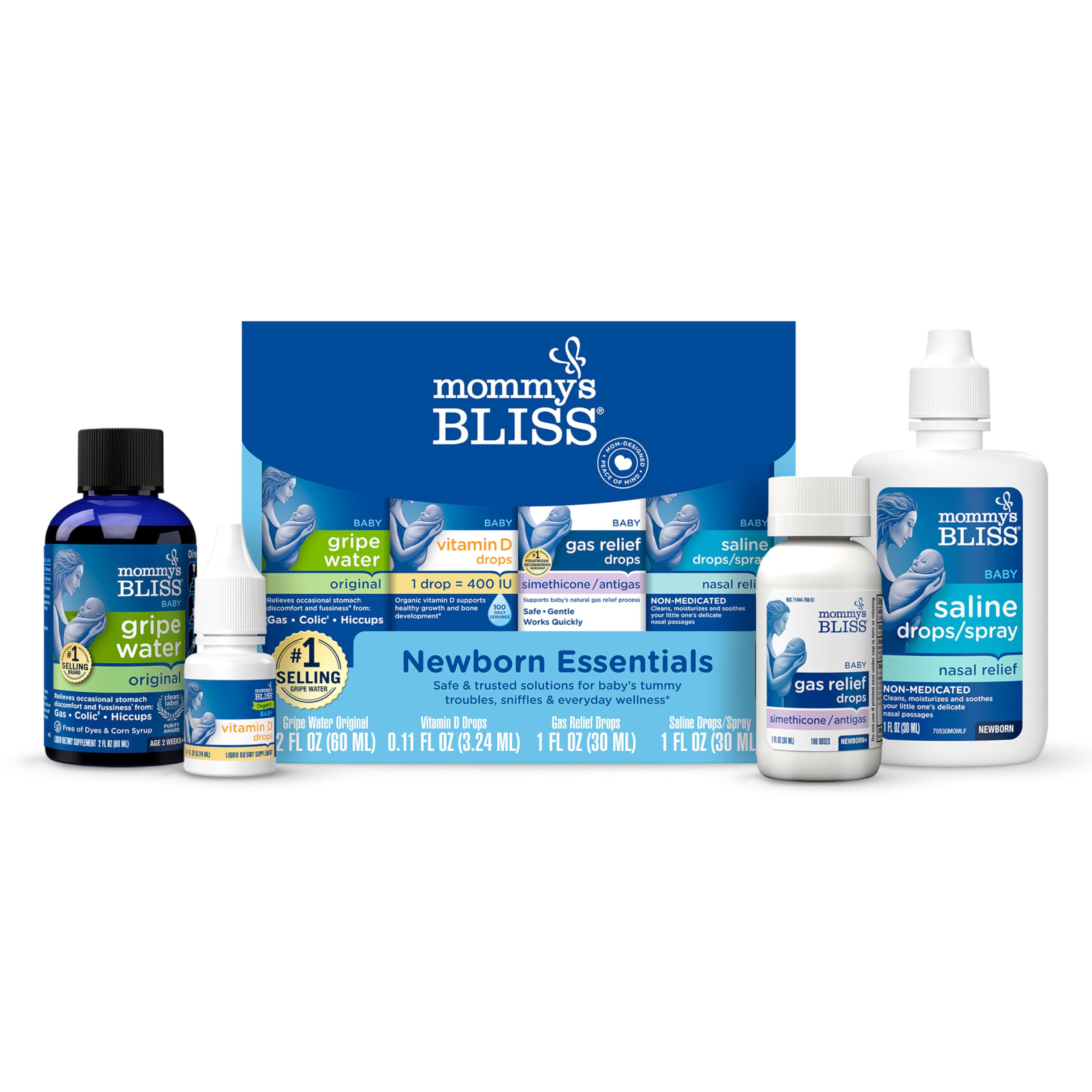 Mommy's Bliss 4-Piece Newborn and Baby Essentials Kit - With Gripe Water, Gas Relief Drops, Vitamin D 400IU, and Saline Drops/Spray - The Perfect Baby Gift.