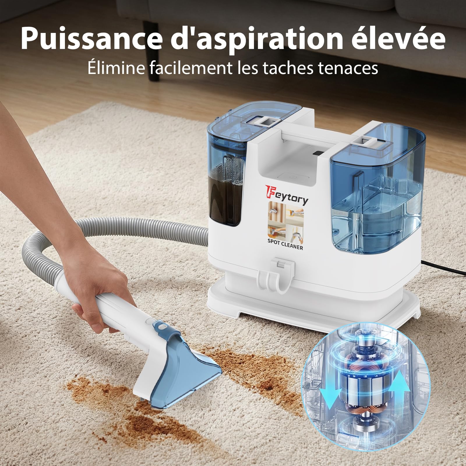 Aspirateur Nettoyeur Portable 430W 15KPa, Shampouineuse Canapé avec Double Réservoir 0,6L, Fonction Autonettoyante, Brosse Large & Petite, pour Tissus, Cuir, Moquette, Coussins, Intérieur Voiture