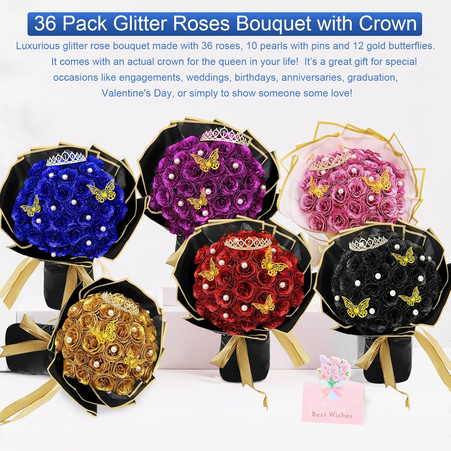 DIY Glitter Roses Bouquet Artificial Flowers - 36 Pack Glitter Eternal Bouquet Kit Fake Shiny Floral Bouquet for Birthday Gifts Wedding Engagement Anniversary Valentine's Day Blue - Image 6