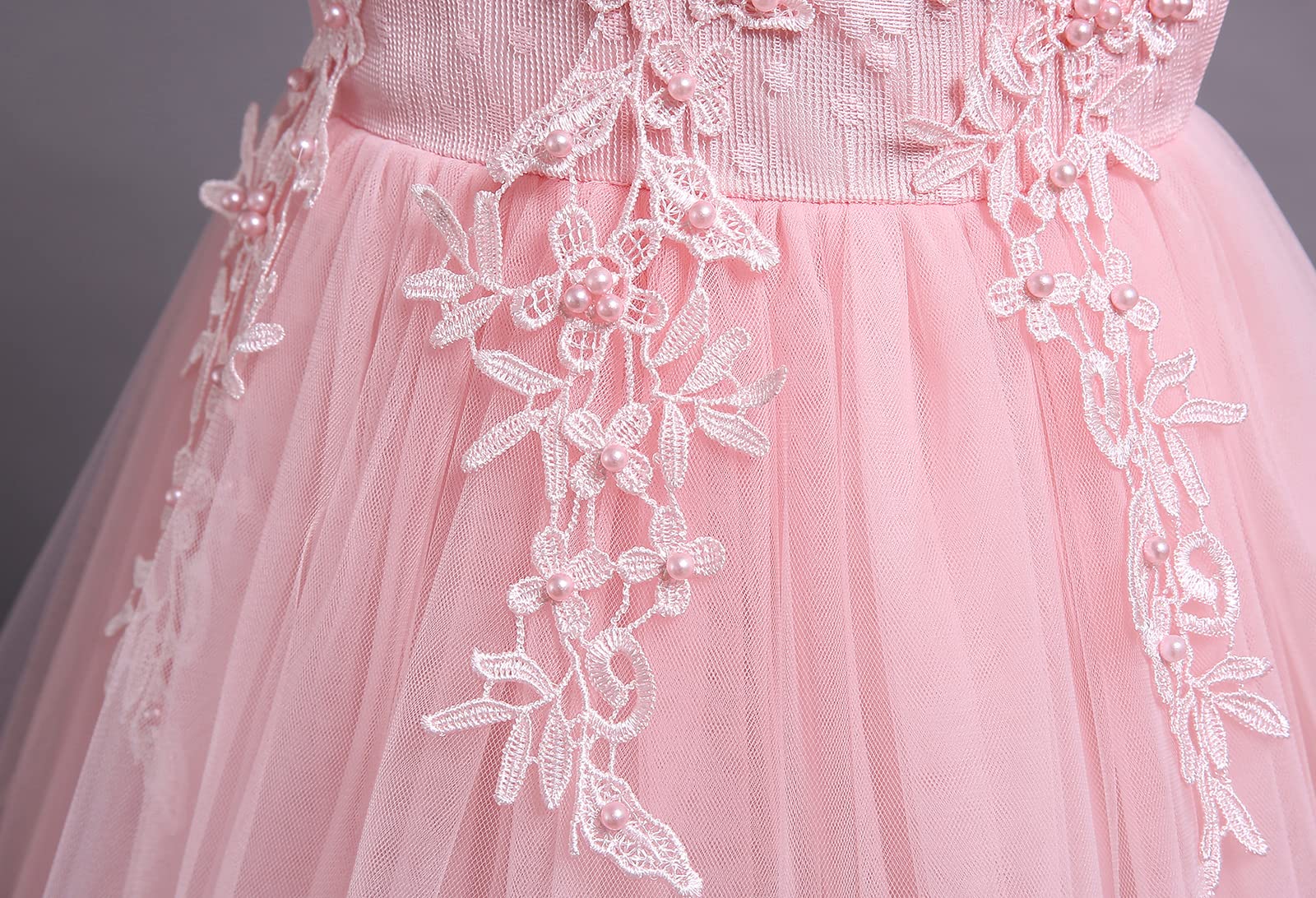 IMEKIS Abito da bambina con fiori, da principessa, in pizzo, in tulle, con paillette, con fiocco, per feste, matrimoni, compleanni, lunghi