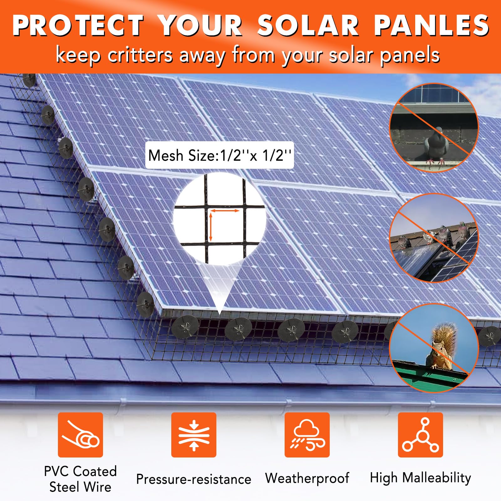 Garvee Malla para Placas Solares 15,2 cm x 30,48 m, Red Antipalomas de Acero Galvanizado PVC para Paneles Solares, Protector Anti Aves y Roedores con 100 Clips de Instalación, Negro
