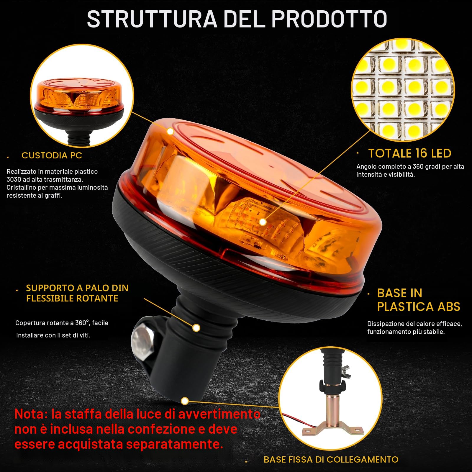 AOHEWEI Luce di segnalazione a LED ambra, 4 lampeggianti e 2 modelli rotanti 12/24V 16 pezzi Lampada stroboscopica a LED per macchine agricole Veicolo commerciale Scuolabus Trattore Escavatori Camion