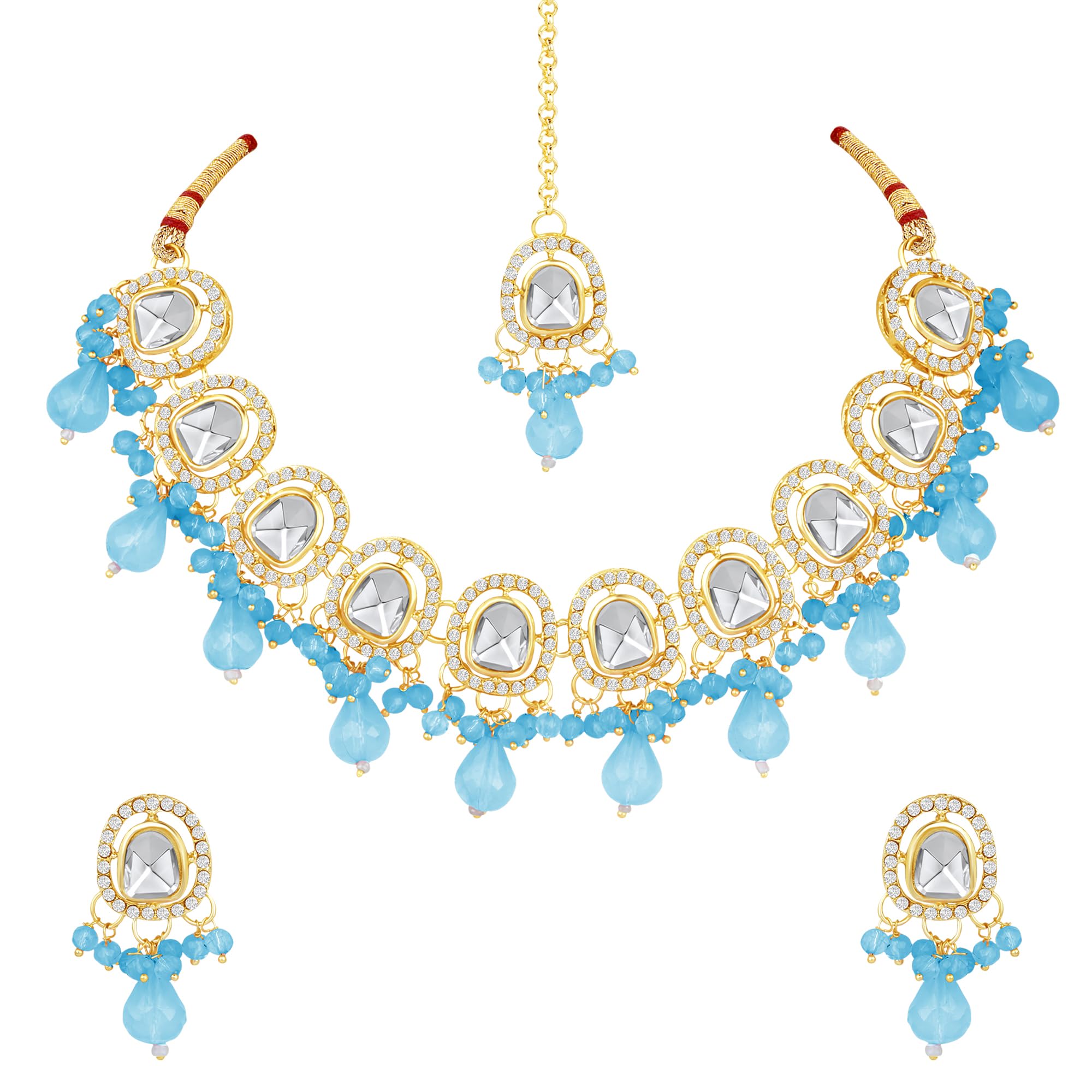 Atasi International Gold Plated Blue Kundan and Crystals AD Necklace with Earrings and Maang Tikka for Women - Jewellery Set for Party, Wedding, Engagement (FR5892) (B0D3XQZ778) Amazon Price History, Amazon Price Tracker