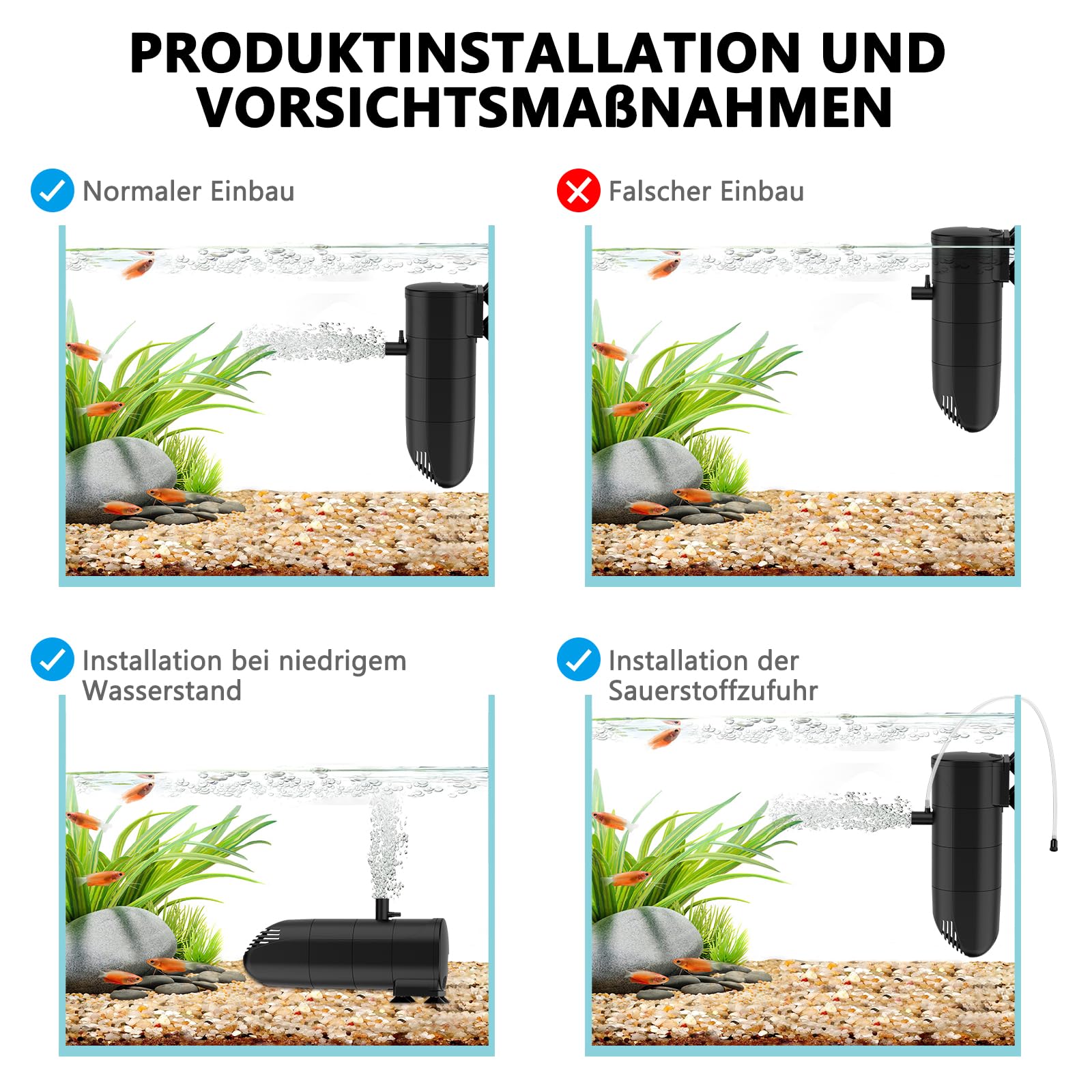 fishkeeper Filtr do akwarium, regulowany przepływ 400 l/h, pompa do akwarium z filtrem, potrójnie czysty filtr wewnętrzny do małych akwariów