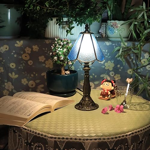 Miniatura 10 de Small Tiffany Table Lamp Purple Diamond Style Stained Glass Desk Lamps 6X6X14 Inch Bronze Resin Base Antique Mini Accent Light Purple Diamond,Sea