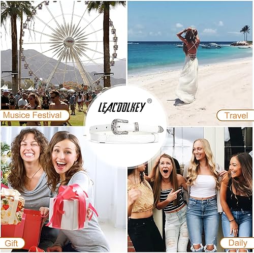 Miniatura 8 de LEACOOLKEY Cinturón de cuero delgado para mujer, cinturón de cintura delgada ajustable con hebilla occidental para jeans