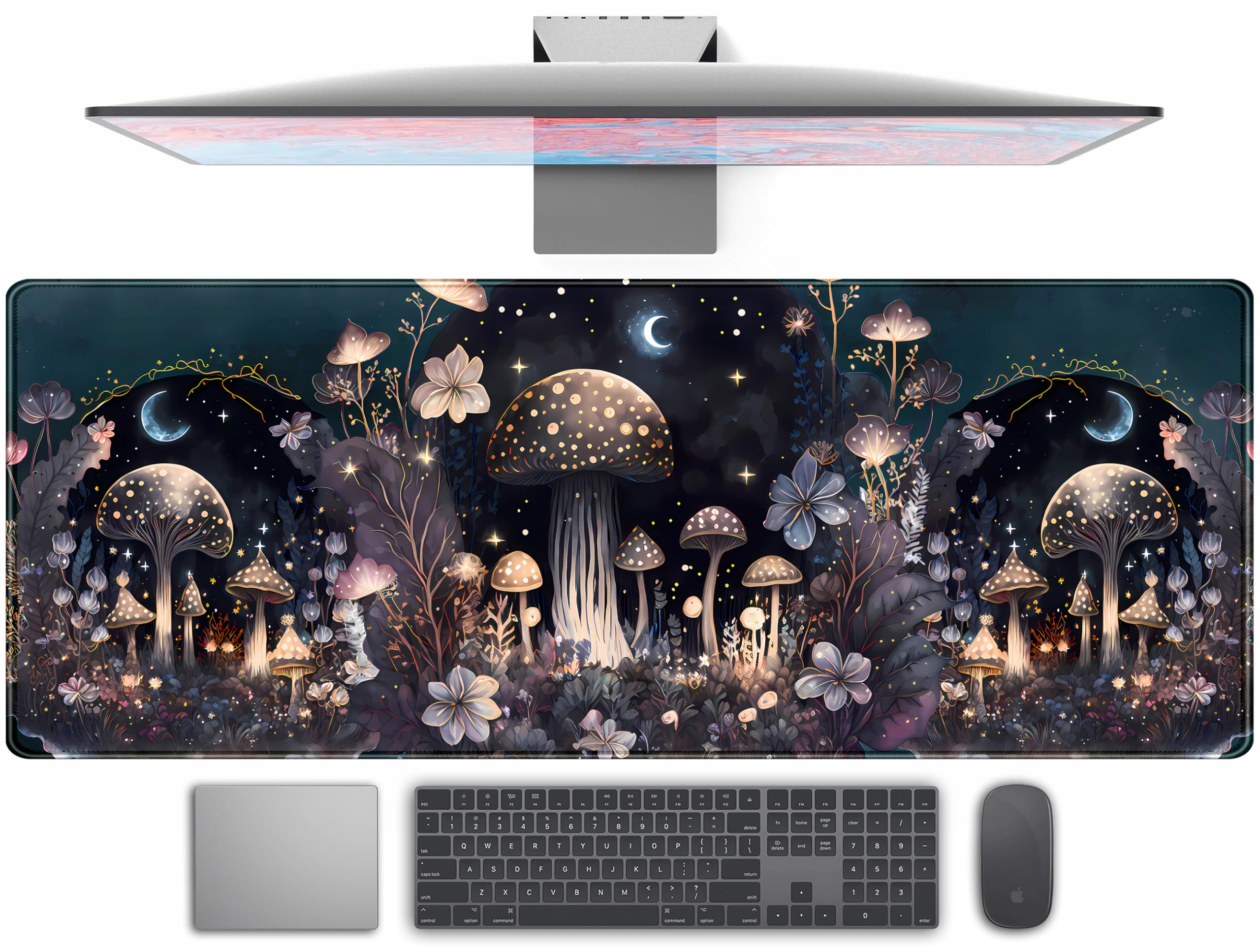 Cute Dark Mushroom Moon Night Mouse Pad XL Extended Gaming Mat with Stitched Edges, Computer Laptop Keyboard and Mouse Mat for Women Office Desk Decor, 31.5x11.8 in