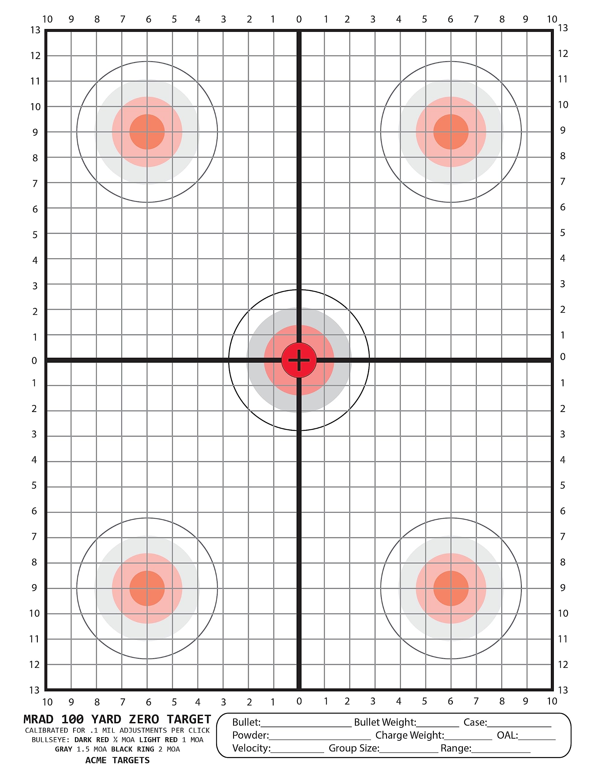 MRAD 100 Yard Zero Target Calibrated for .1 Mil Adjustment per Click. 100 Yard scoped Rifle Target. Perfect for Load Development. - 25 Targets