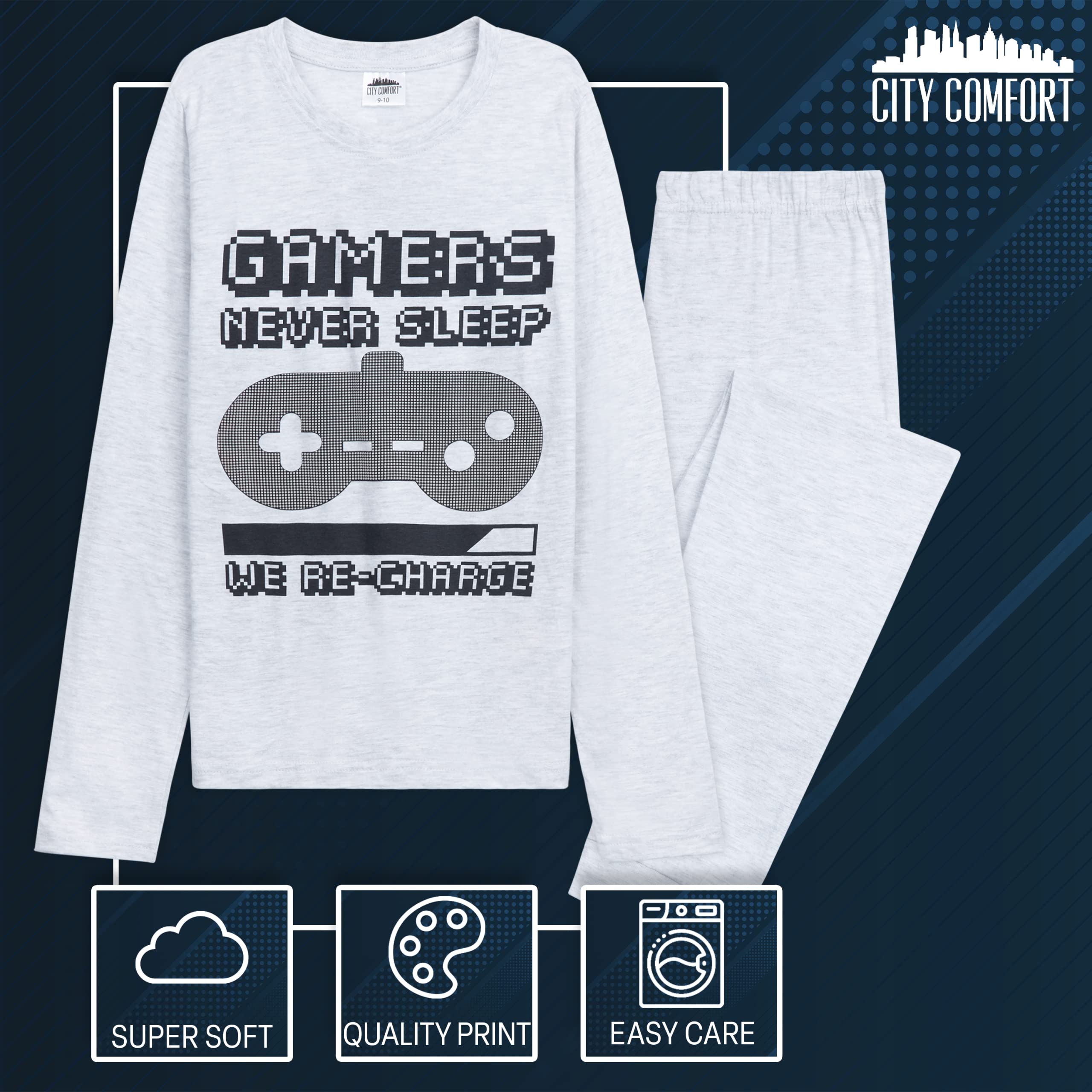 CityComfort Pijama Niño Manga Larga Pijamas Divertidos Niños Adolescentes Largo con Diseño Gaming o Fútbol Ropa de Dormir