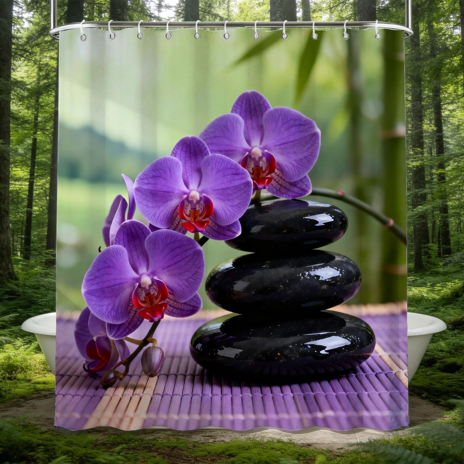 Hongduo 3D Orchid Shower Curtain for Stalls Bathtubs Zen Stone Bathroom Decor Shower Curtain Set Polyester Fabric Waterproof 180x180cm/71X71 Inch with Hooks