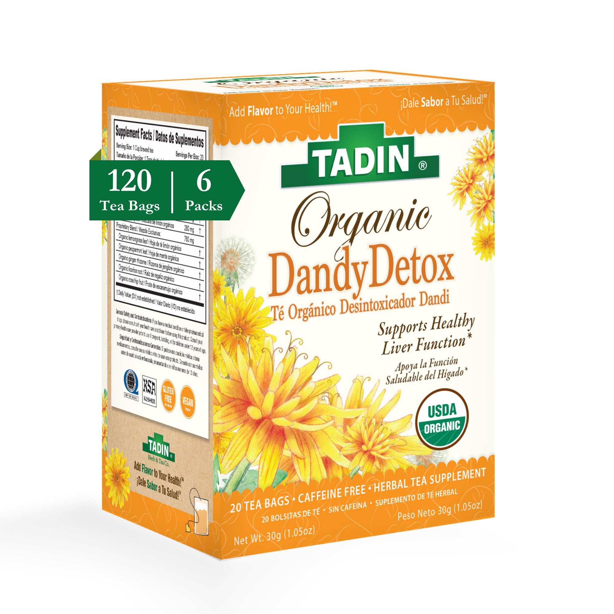 Tadin Organic Dandy Detox Tea with Dandelion Root for Liver Support,Caffeine Free Herbal Tea, 20 Tea Bags Per Box, Pack of 6
