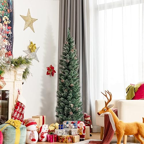Miniatura 4 de COSTWAY Árbol de Navidad artificial delgado de PVC nevado de 6 pies con conos de pino