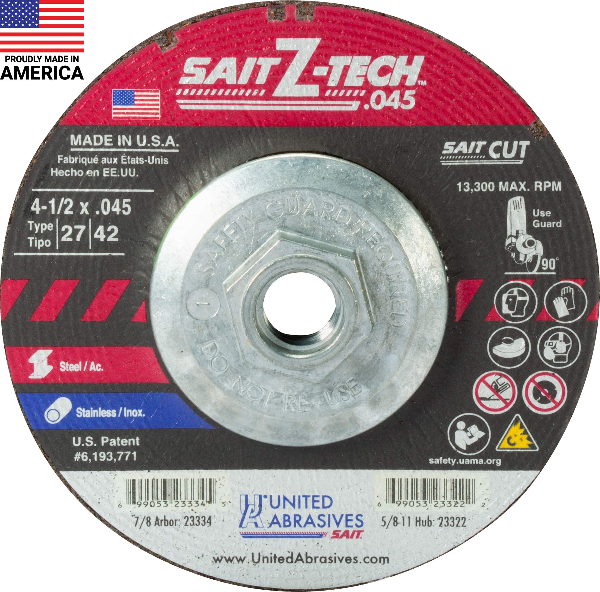 SAIT 23322 Z-Tech Type 27 Cutting Wheel, 4-1/2-Inch Diameter X .045-Inch Width X 5/8-11 Bore, 10-Per Box