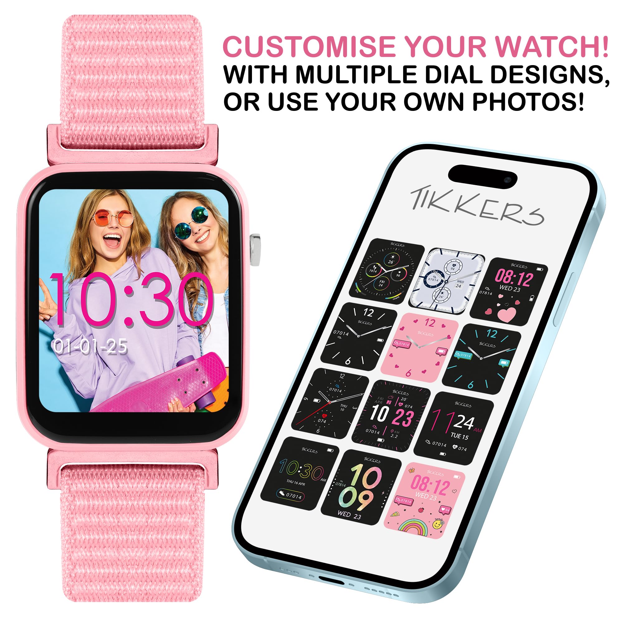 Tikkers Smart Series 13 - Różowy pasek z tkaniny Easy Release Smart Watch i słuchawki TKS13-0034-SET