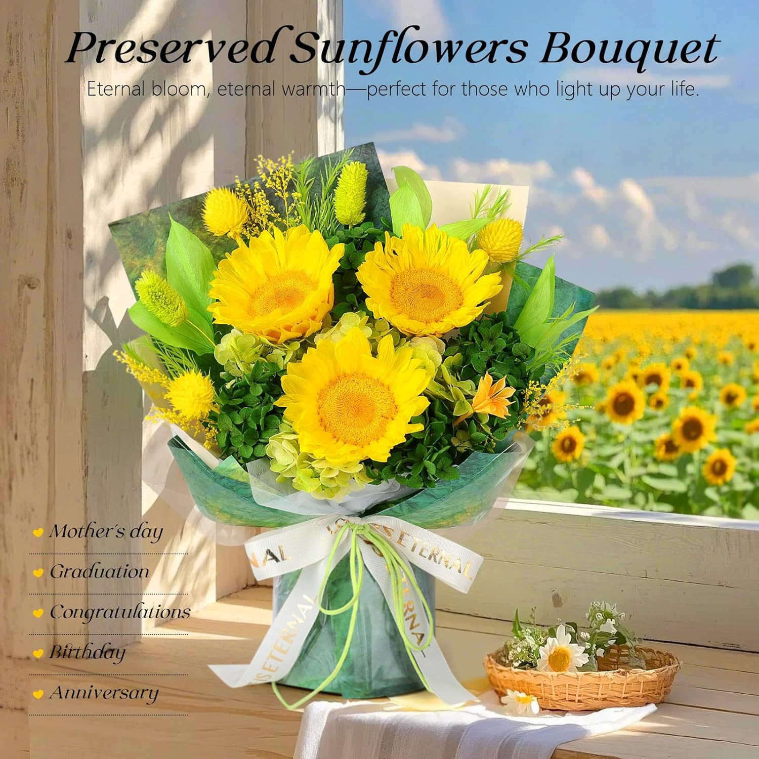 Preserved Sunflower Bouquet - Forever Flowers for Delivery, Long-Lasting Flower with Gift Box, Eternal flowers Bouquet, Anniversary Birthday Valentines Day Gifts for Women Men Mom Her Wife Girlfriend - Image 3