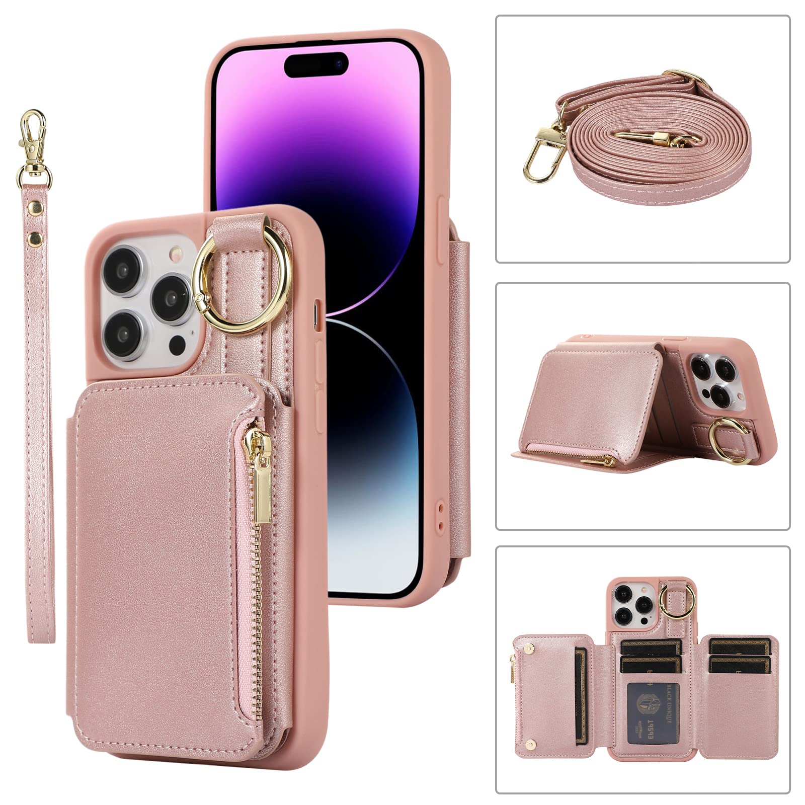 Furiet Wallet Case for iPhone 11 Pro Max 6.5 Leather Clasp Flip Zipper Purse Case with Shoulder Strap Credit Card Holder Cell Accessories Phone Cover