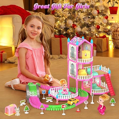 Miniatura 7 de Casa de muñecas para niñas, casas con juguetes de coche de pista, muñecas, mascotas, automóvil, muebles y accesorios, juego de castillo de princesa