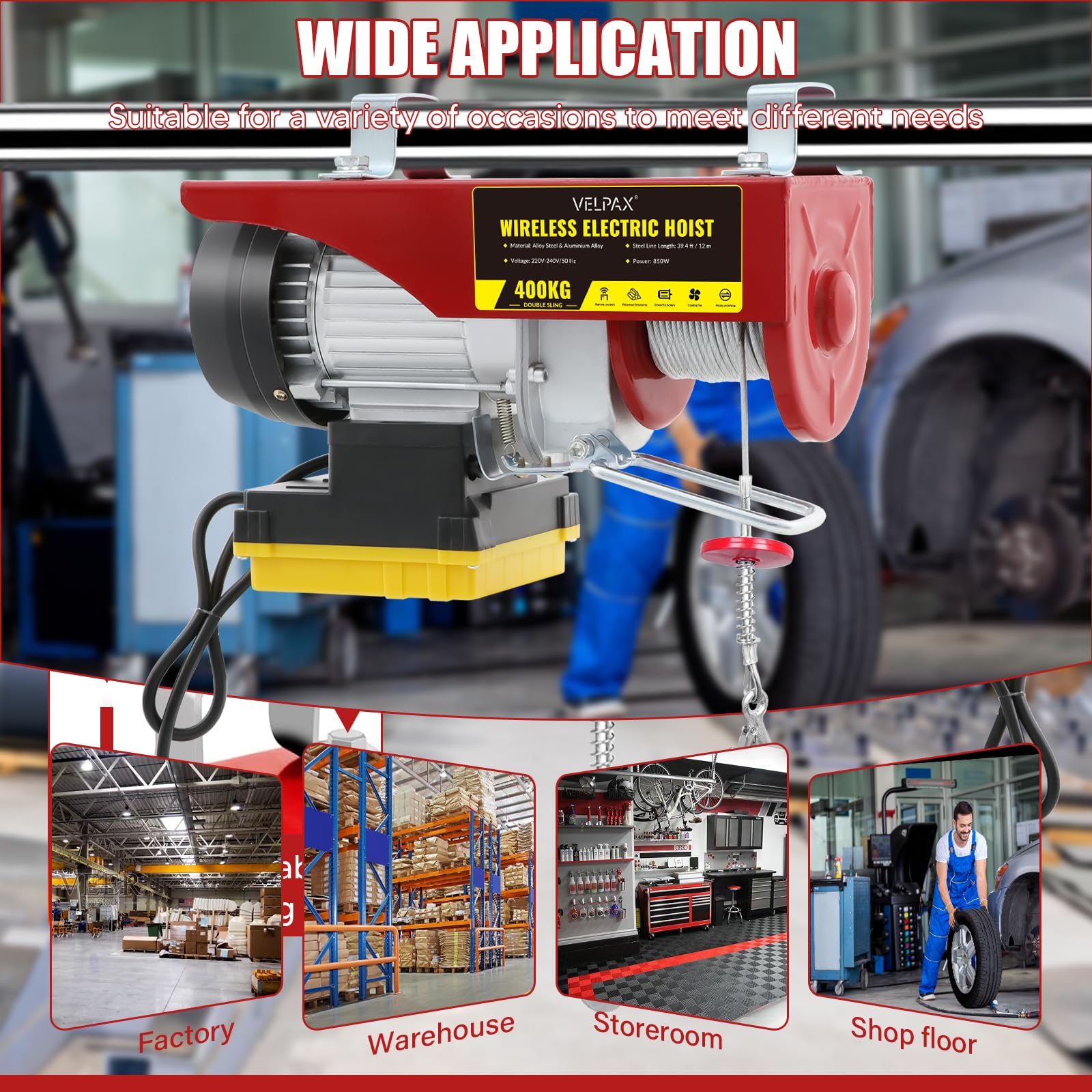 Lektrische Seilwinde 400kg Hebeleistung, 850W Motor mit 12m geflochtenem Stahlseil, 10m/min Hubgeschwindigkeit, Hebezug mit kabelloser Fernbedienung und Umlenkrolle