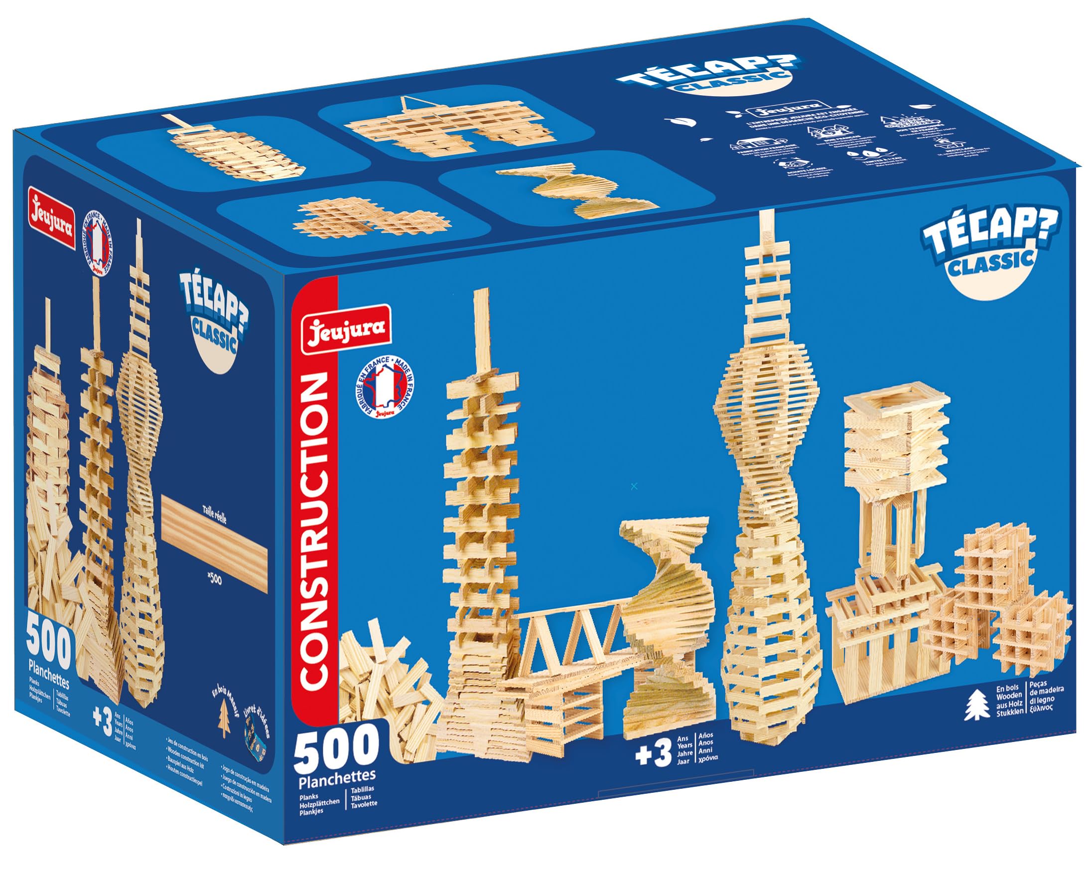 Jeujura - TECAP Classic - 500 Pièces - Jeu de Construction dès 3 Ans - 8305 | Planchettes en bois - Jeu d’équilibre créatif et imagination - Modèles Inclus - Idée cadeau enfant - Fabriqué en France