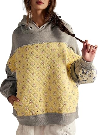 Oversized Hooded Sweatshirt for Women Floral Embroidery Color Block Frayed Long Sleeve Pullover Hoodies Gray S