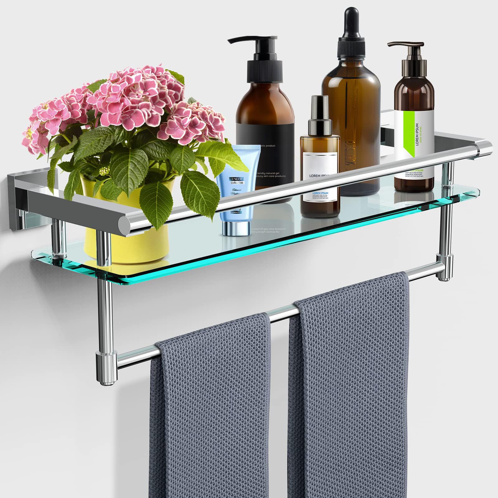 SFGSOWOR 20 inch Bathroom Glass Shelf with Towel Bar/Towel Rack Wall Mounted Tempered Glass Shelf Storage Hotel Towel Storage Rack Sus304 Rustproof Stainless Steel Chrome Plated Finish