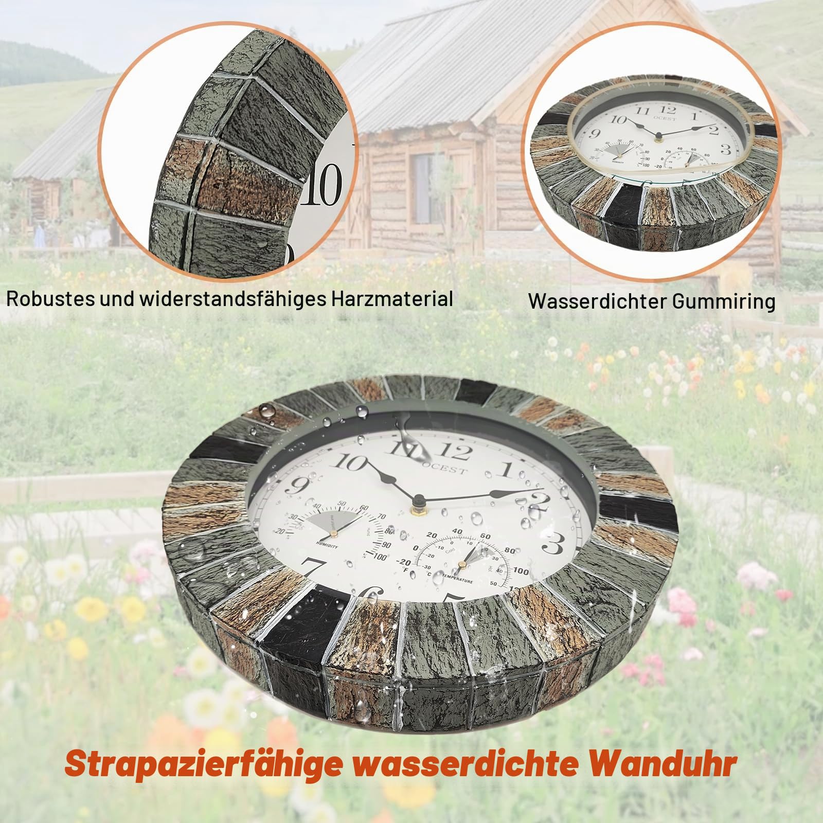 OCEST Robuste Gartenuhren für den Außenbereich, Outdoor wasserdicht, 33 cm große Kunstharz-Wanduhr mit Thermometer und Hygrometer, batteriebetrieben,dekorative Uhren für Terrasse, Pool Outdoor