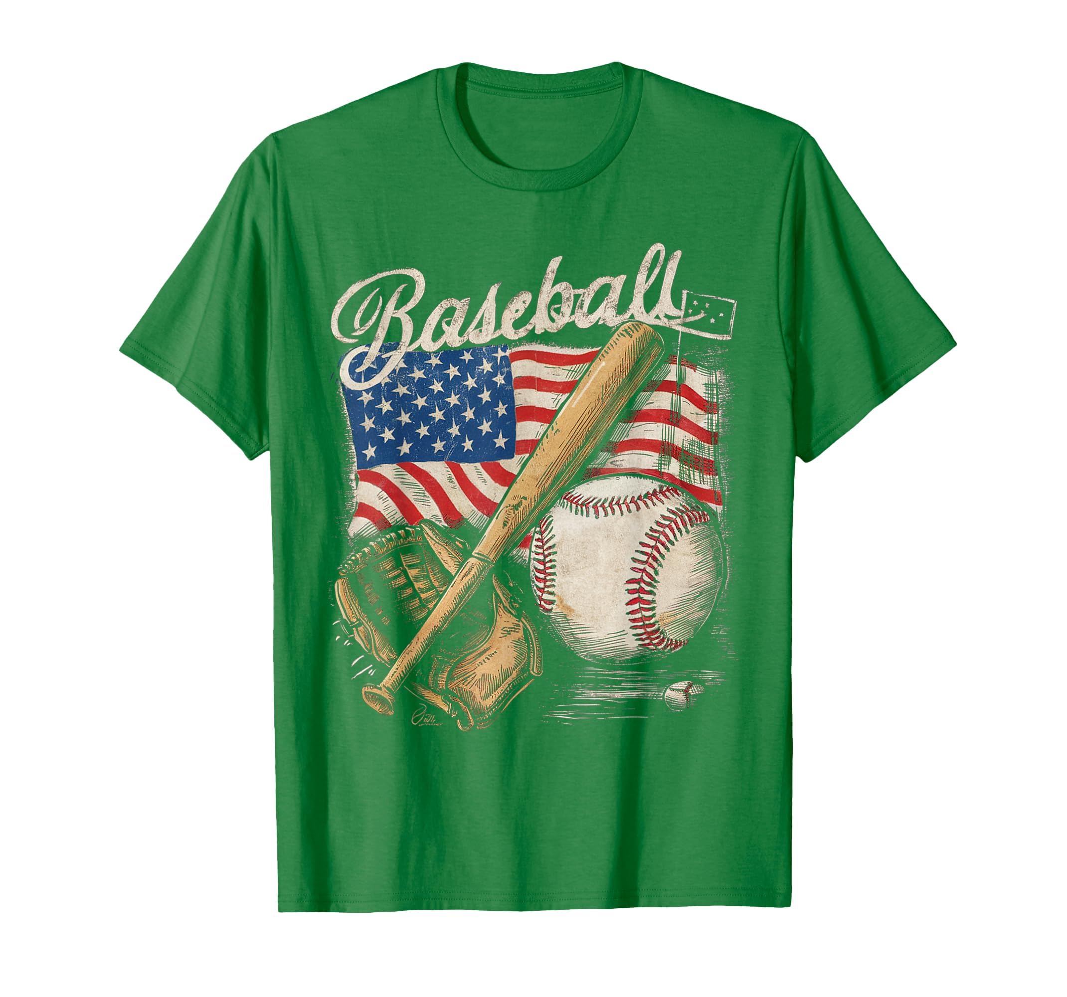 American Flag Baseball Player Bat Fan Catcher Pitcher USA T-Shirt