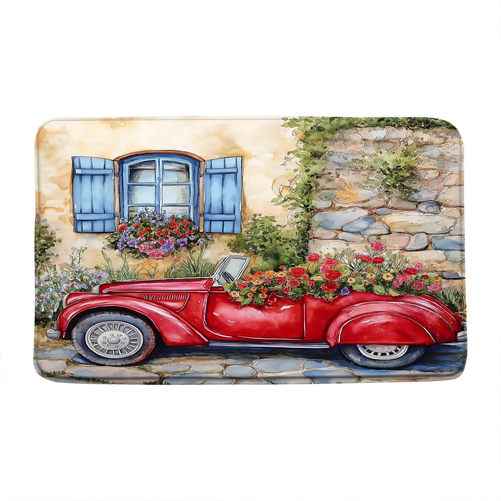 Vintage Italian Garden Bath Mat European Street Colorful Flower Retro Red Car Vintage Old Wall Rustic Potted Nature Mediterranean Scene Bathroom Floor