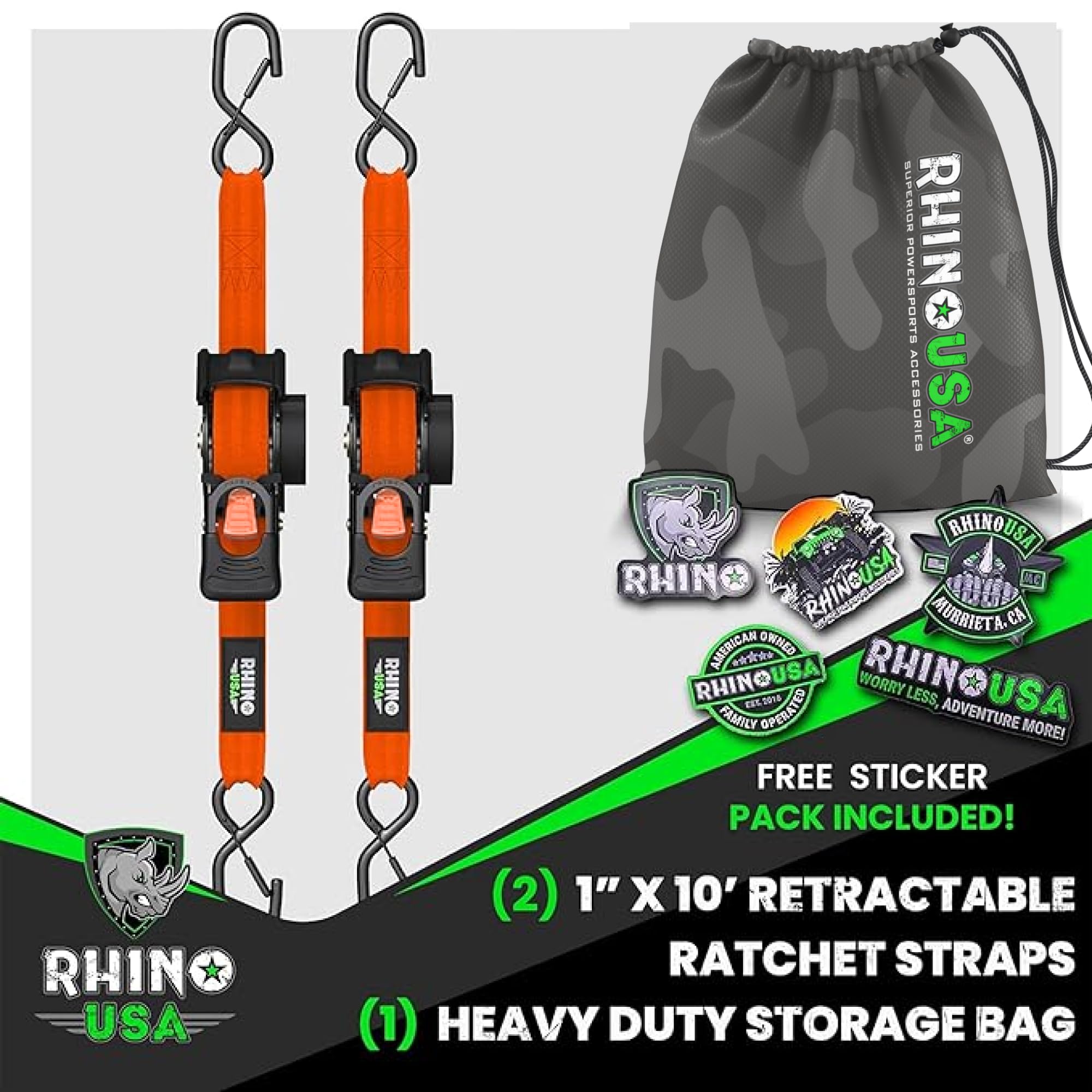 Rhino USA Chowane pasy z grzechotką (zestaw 2) - 2,5 cm x 3 m (wytrzymałość na zerwanie 540 kg) - Wytrzymałe automatyczne paski mocujące do ciężarówki, przyczepy, motocykla i innych - pomarańczowy