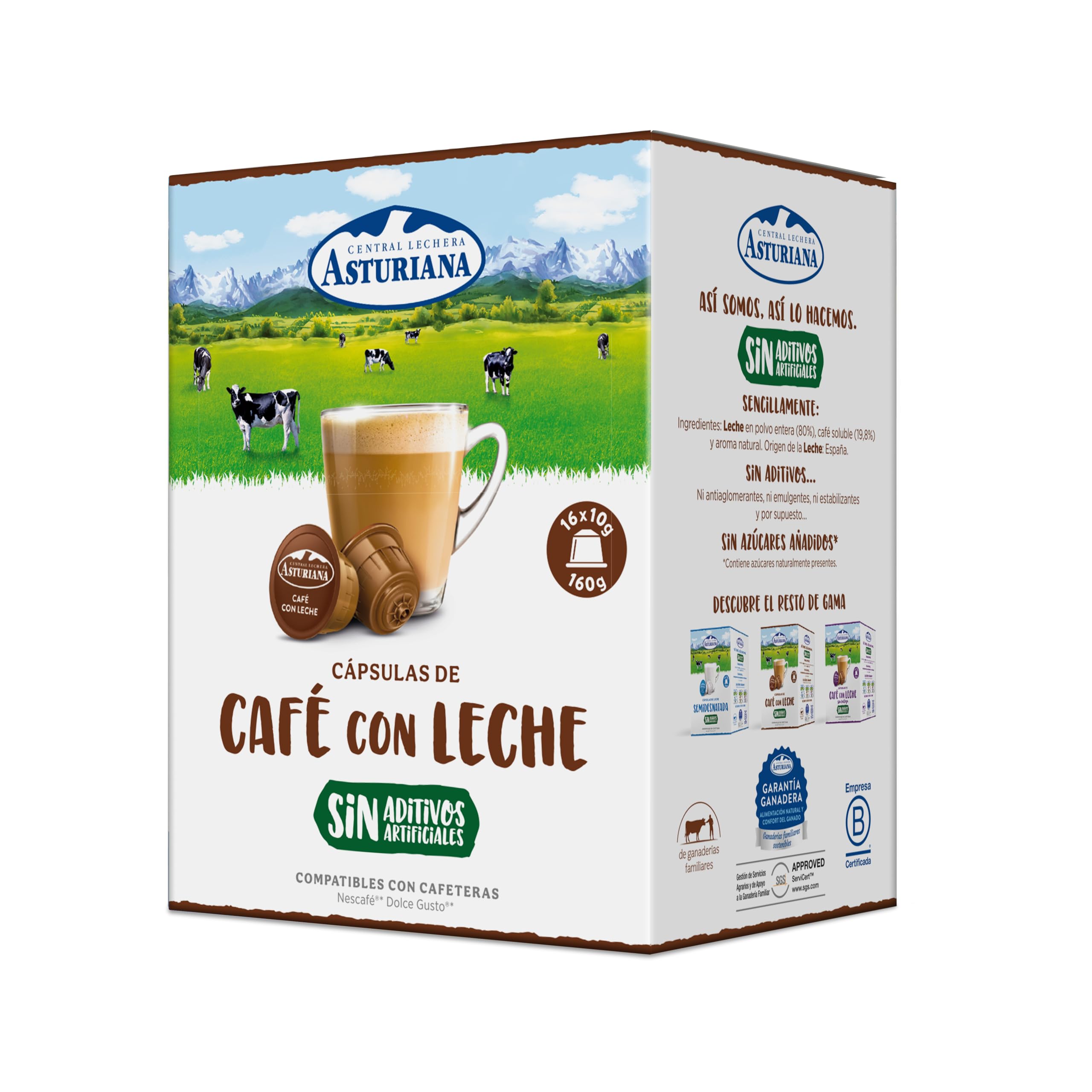 Central Lechera Asturiana Cápsulas de Café con Leche - Compatibles con Dolce Gusto - 4 Paquetes de 16 Cápsulas - Total: 64 Cápsulas