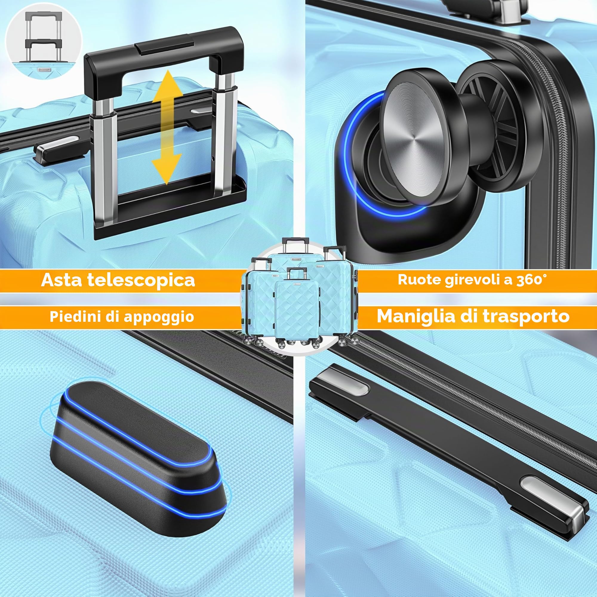 KESSER Set di 4 valigie da viaggio in ABS, con serratura a combinazione, bilancia e portafoglio da viaggio, ruote a 360°, bagaglio a mano e grande valigetta per trolley da lavoro e da viaggio, blu