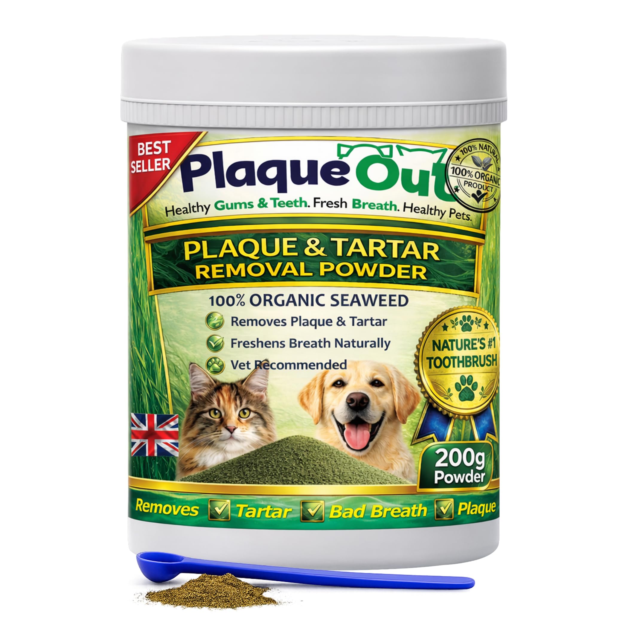 PLAQUE OUT Vasetto da 200 g, per rimuovere la placca tartaro per cani e gatti, 100% naturale e biologico, per la cura dei denti dell'alito cattivo e delle gengive degli animali domestici, vaso più