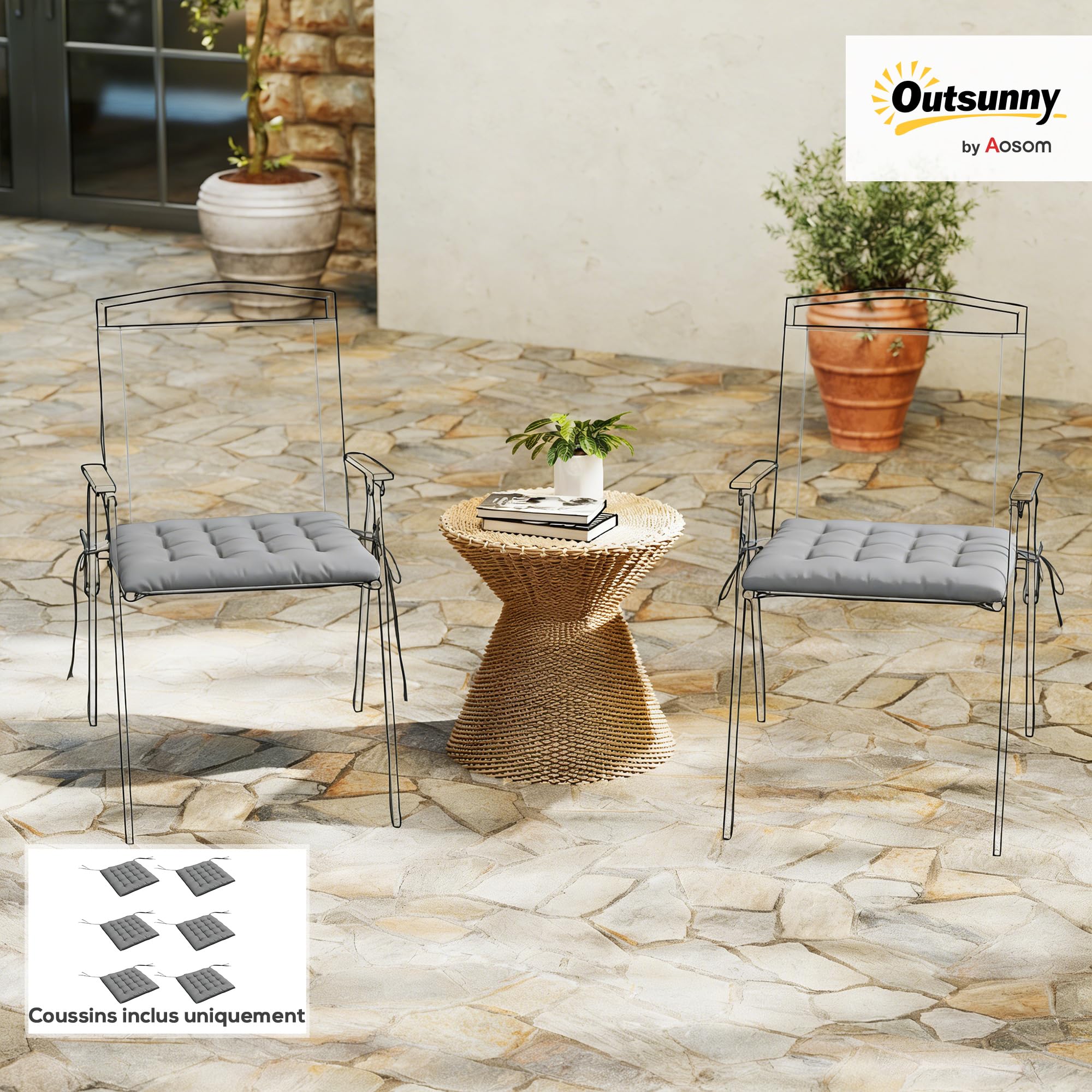 Outsunny Lot de 6 Coussins de Chaise Jardin Capitonné 42x42cm Gris Foncé | Coussins Extérieur, Grand Confort, avec Attaches, Galette Chaise Exterieur