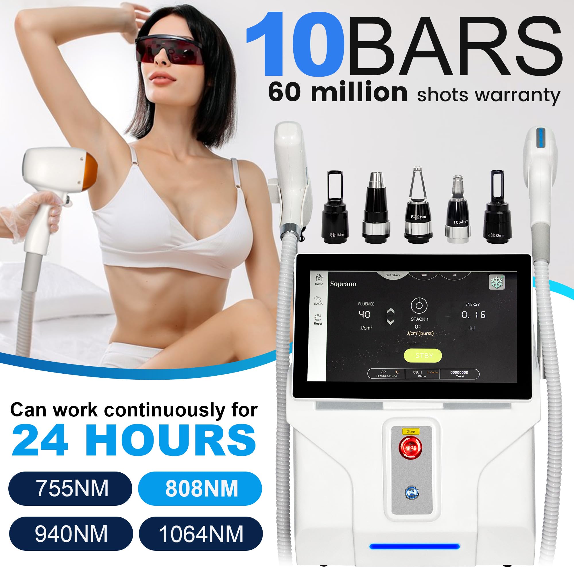 10Bars 2 in 1 Epilatore Laser 808nm a Diodo, Picosecondo Rimozione tatuaggi | 755nm/808nm/940nm/1064nm Rimuovere i peli superflui da tutto il corpo Rimozione di nei e cicatrici da acne