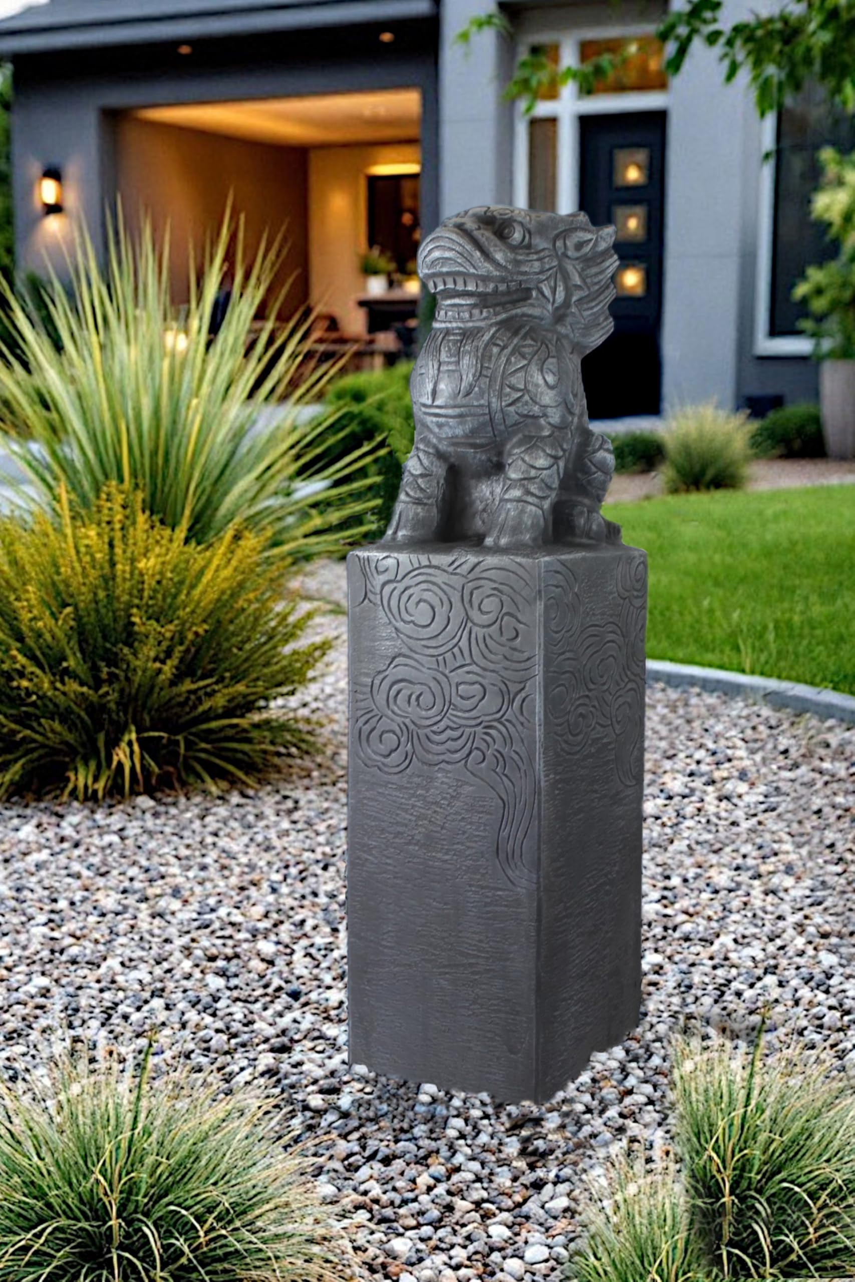 Arnusa Estela de dragón asiático, 79 cm, resistente a la intemperie, decoración de jardín con aspecto de piedra, de polirresina, estatua japonesa para jardín, estanque y terraza