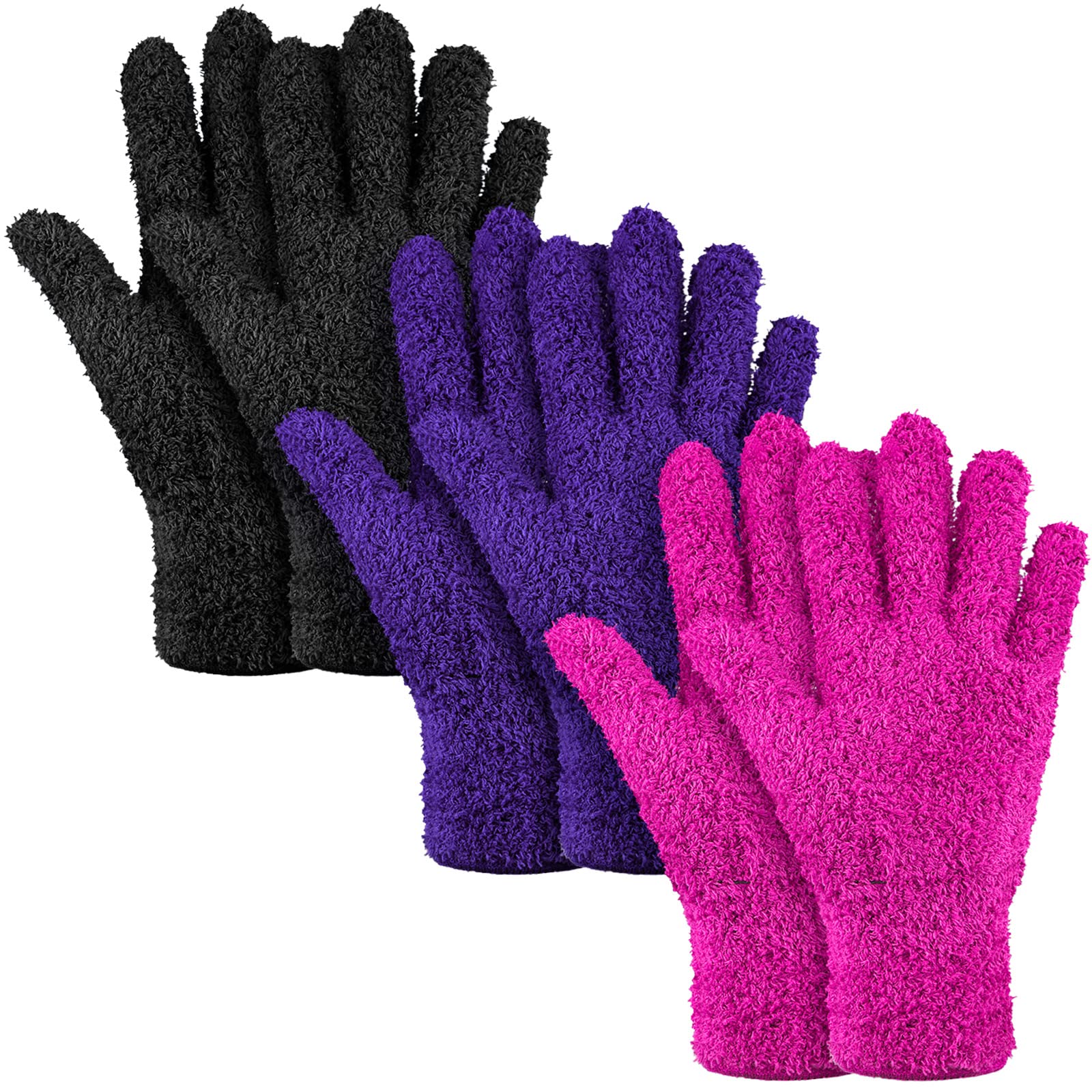 Patelai 3 Pairs Microfiber Plant Dusting Gloves Leaf Cleaning Gloves for Indoor Plants, Blinds, Furniture, House (Purple,Rose Red,Black,Large)