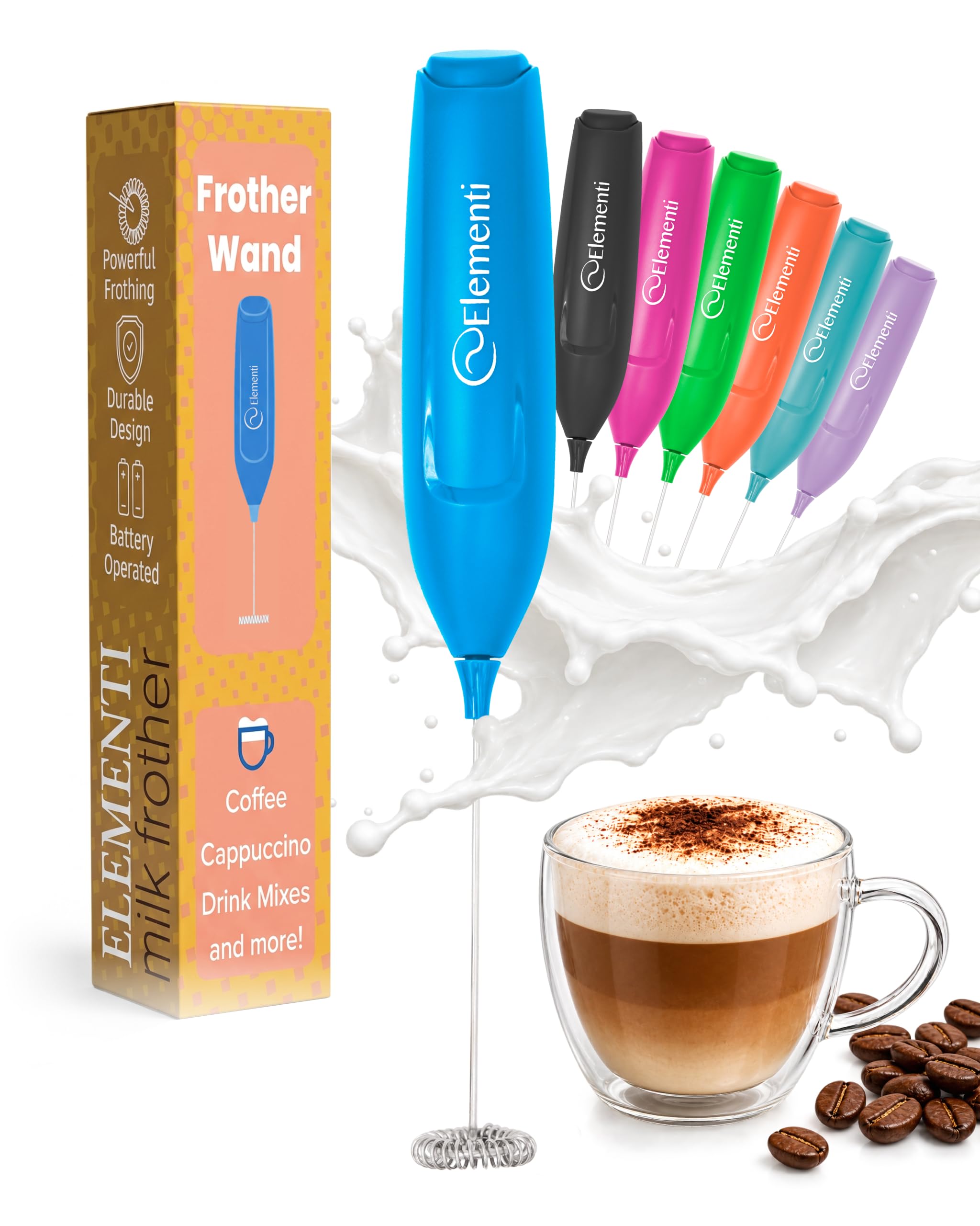 Elementi Powerful Frother Wand – Lightweight Milk Frother &amp; Drink Mixer Handheld, Matcha Whisk for Dreamy Lattes, Powerful Coffee Mixer Wand &amp; Blender Stirrer - Make Creamy Cappuccinos (Electric Blue)