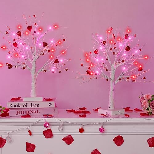 Miniatura 8 de Decoraciones para el día de San Valentín, temporizador preiluminado, paquete de 2 abedules iluminados, árbol de San Valentín con 12 bayas rojas en