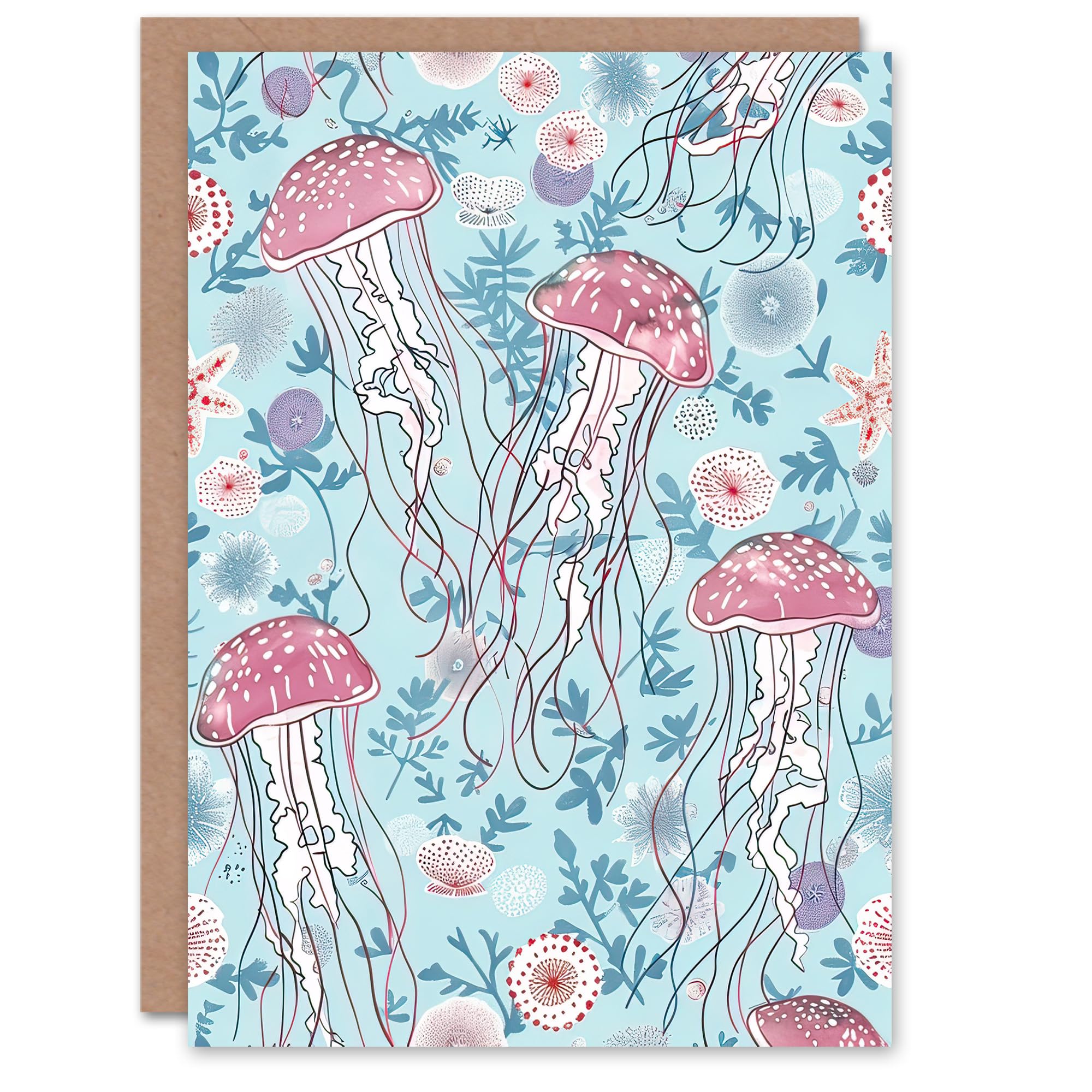Artery8 Greeting Card Underseas Jellyfish Flowers Baby Blue Pink Design Blank For Him Or Her Art Birthday Card