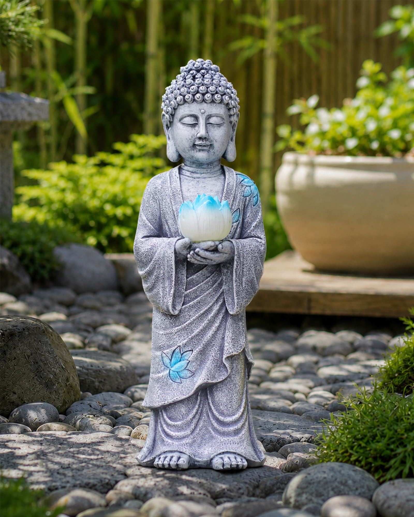 Yeomoo Statua di Buddha in piedi con luce solare LED loto, decorazione da giardino, resistente alle intemperie, decorazione per giardino, soggiorno, Feng Shui, spirituale, regalo per donne, mamma e