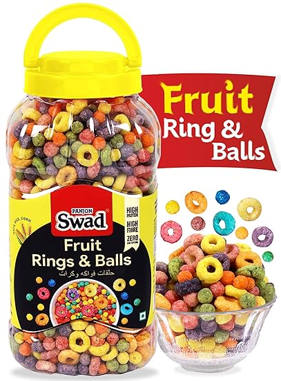 Swad Breakfast Cereal, Fruit Rings & Balls (Made with Oats, Rice, Corn, High Fibre Multigrain Fruit Loops Children Cereal) Jar, 310 g
