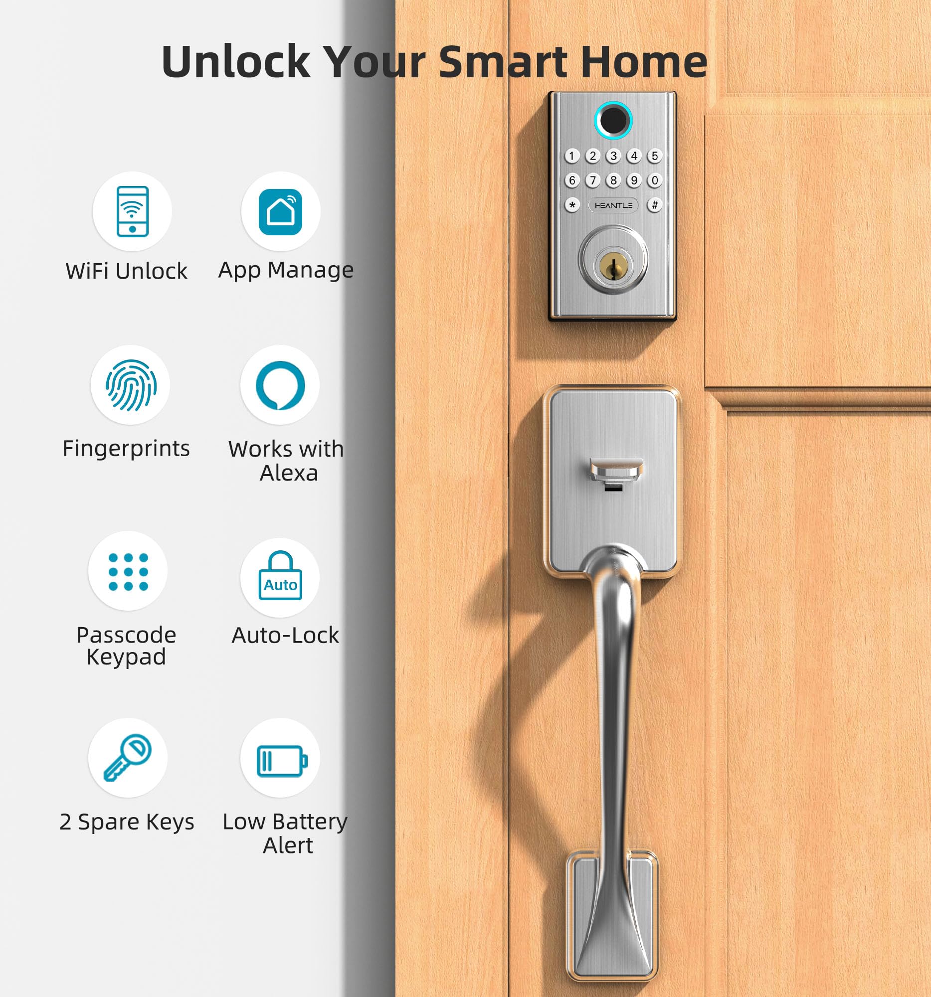 Set di serrature smart WiFi, senza chiave, con maniglia, tastiera per impronte digitali, Bluetooth, Alexa, catenaccio, blocco automatico, app telecomando