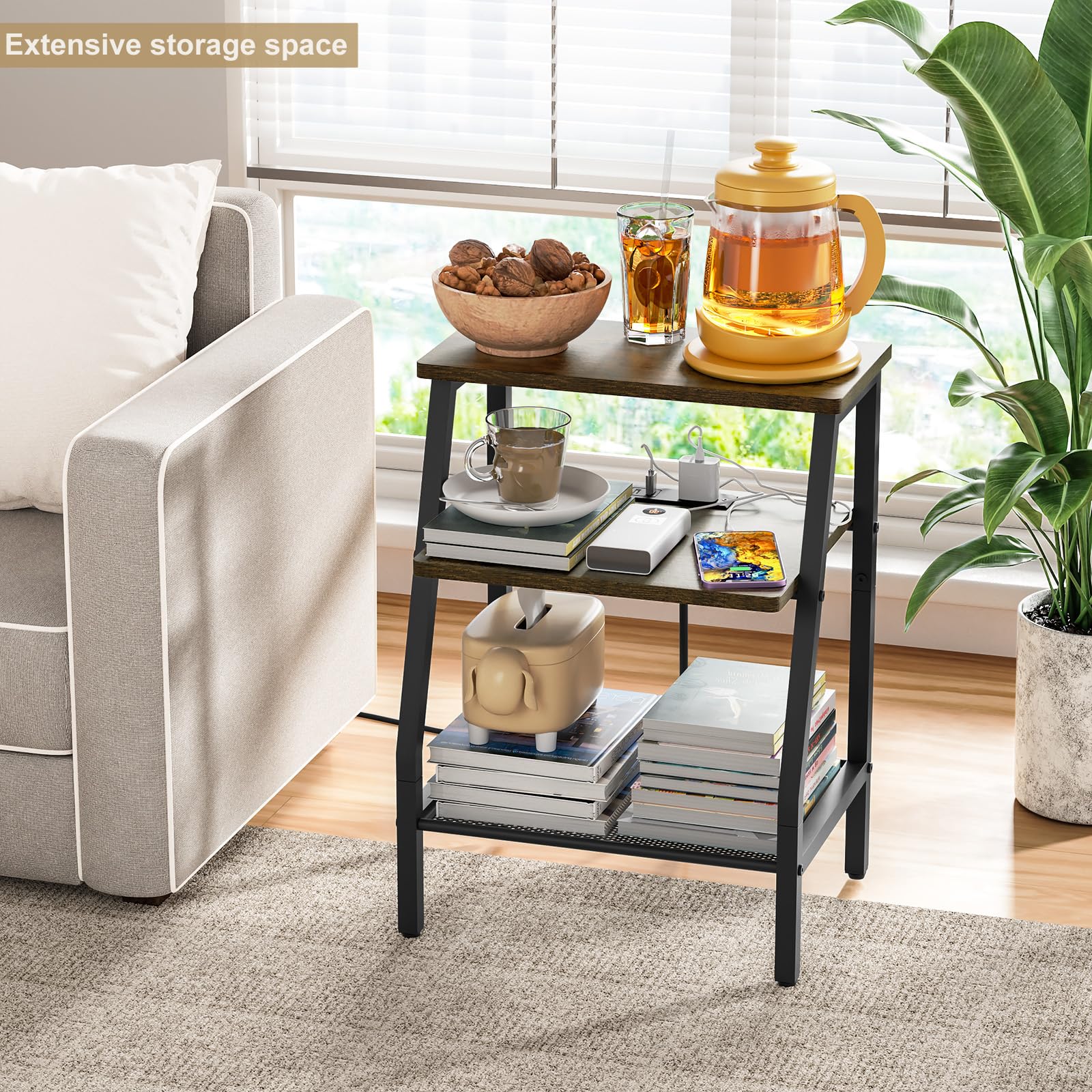 SRIWATANA End Table with Charging Station and USB Ports, Side Table with Storage Shelves, Nightstand for Small Spaces, Bedside Table for Bedroom