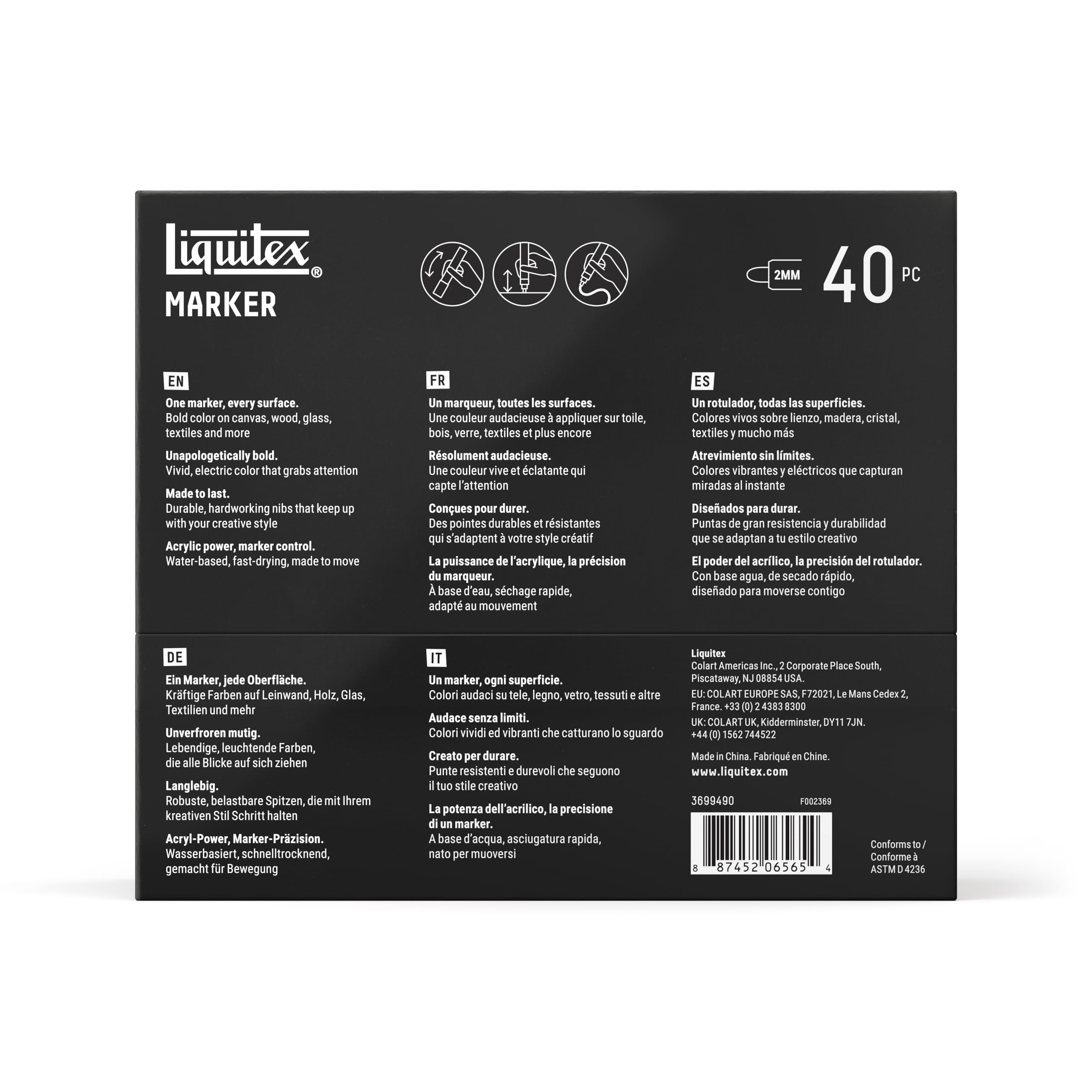 Liquitex 3699490 Marker multisuperficie con punte durevoli e base ad acqua a rapida asciugatura - colori vivaci su tela, legno, vetro, tessuti e molto altro - Set Radicali, 40 x 2 mm