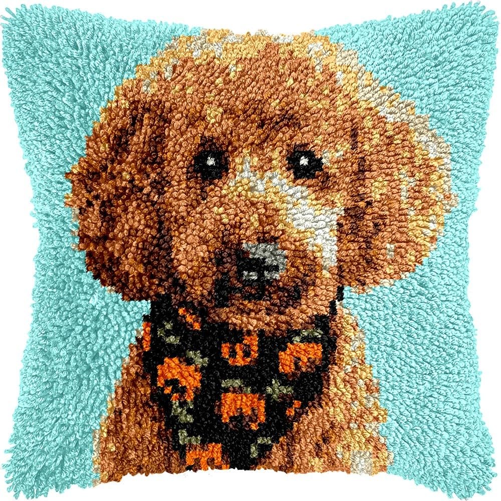 DIY Latch Hook Pillow Kits for Adults Poodle Dog Pillow Cover with Preprinted Throw Pillowcase Crochet Yarns Embroidery Latch Hooking Cushion for Home Decor 17x17inch(l220)