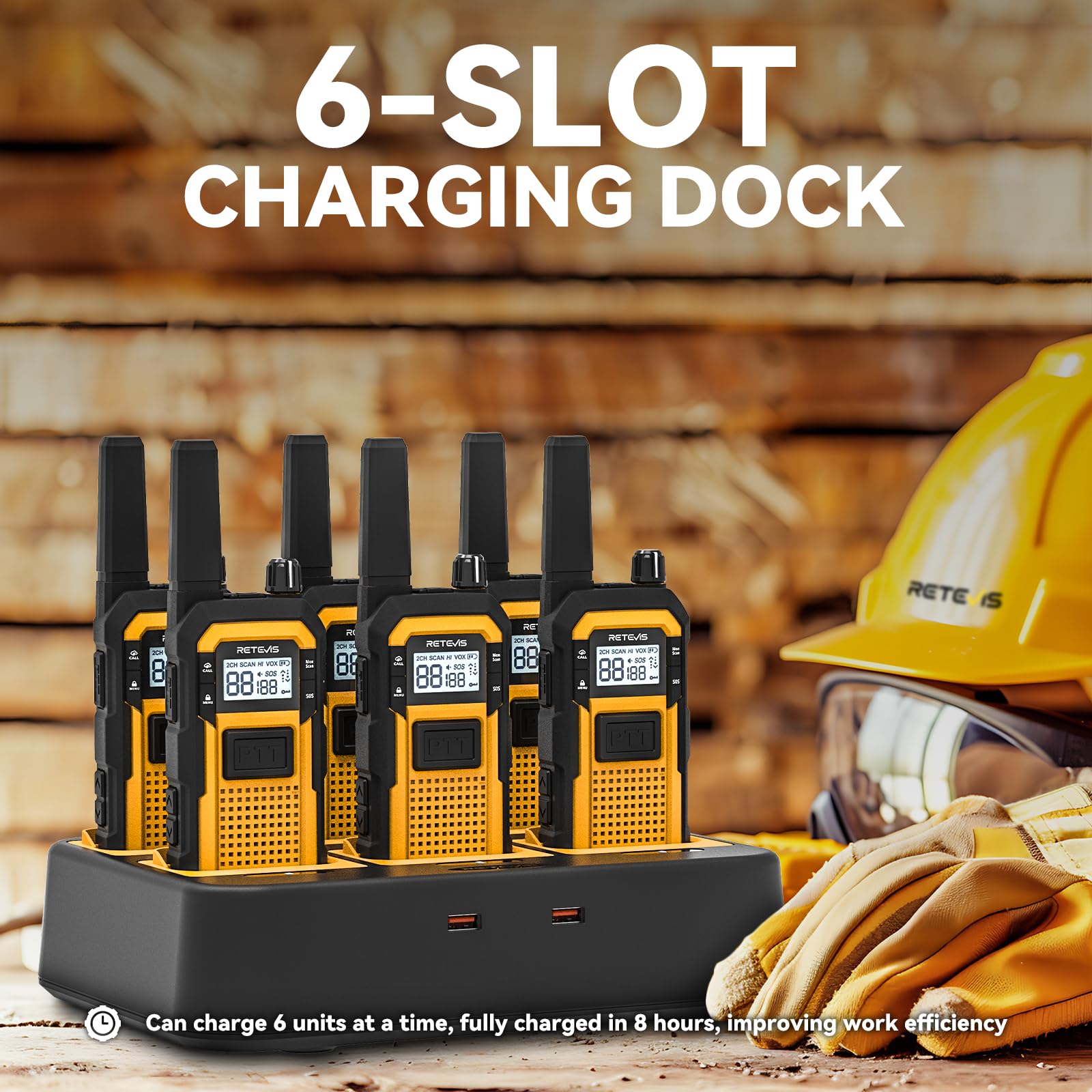 Retevis RB648 Walkie Talkies for Adults, Heavy Duty 2 Way Radio with 6 Way Charger, IP67 Waterproof, Shock Resistant, 2000mAh, Rugged Walkie Talkie for Jobsites Industrials (6Pcs, Yellow) — view 8