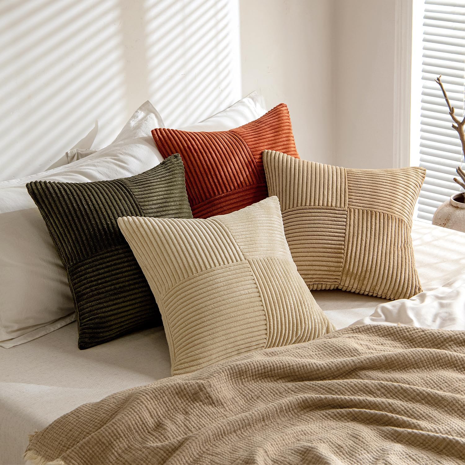 MIULEE Rust-Olive Green Decorative Throw Pillow Covers 20x20 Inch Set of 4 Boho Color-Clash Cushion Cases Farmhouse Pillow Cases Corduroy Striped Home Decor for Couch Sofa Living Room Bed - Image 4