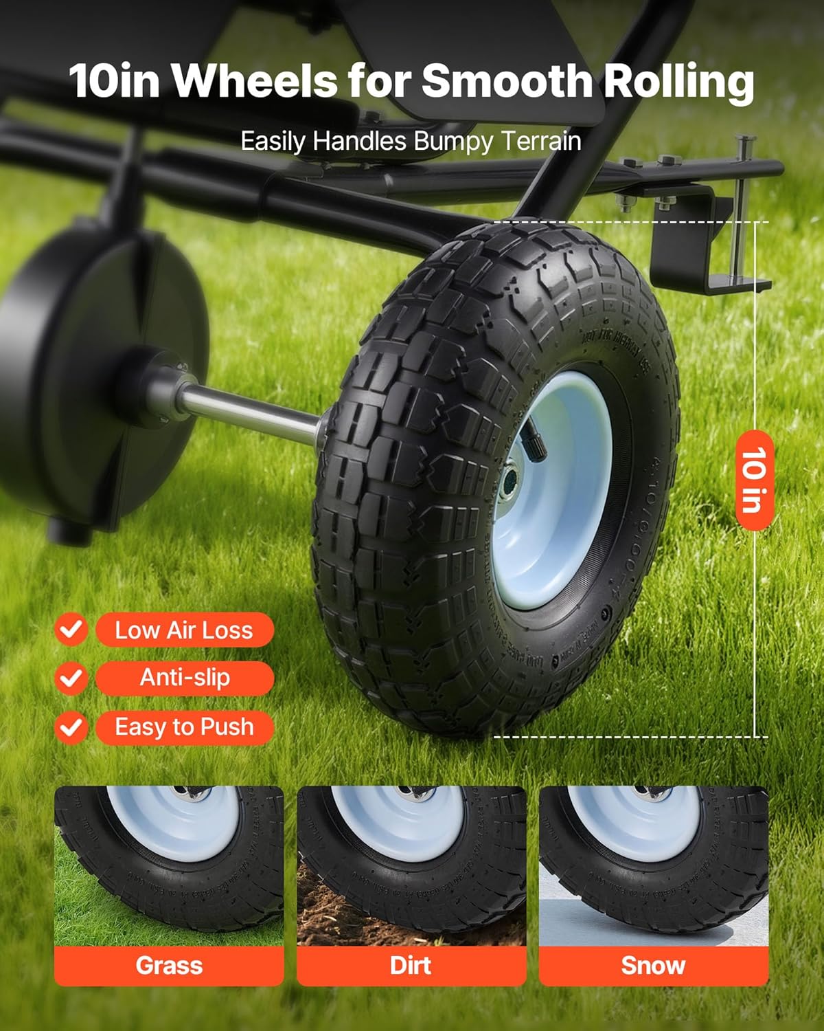 VEVOR Tow-Behind Spreader, 9.8 ft Spreading Width, Broadcast Spreader with 10" All-Terrain Tires, 85 lbs Capacity Hopper, Adjustable Flow Control, Lawn Spreaders for Seed Fertilizer Ice Melt