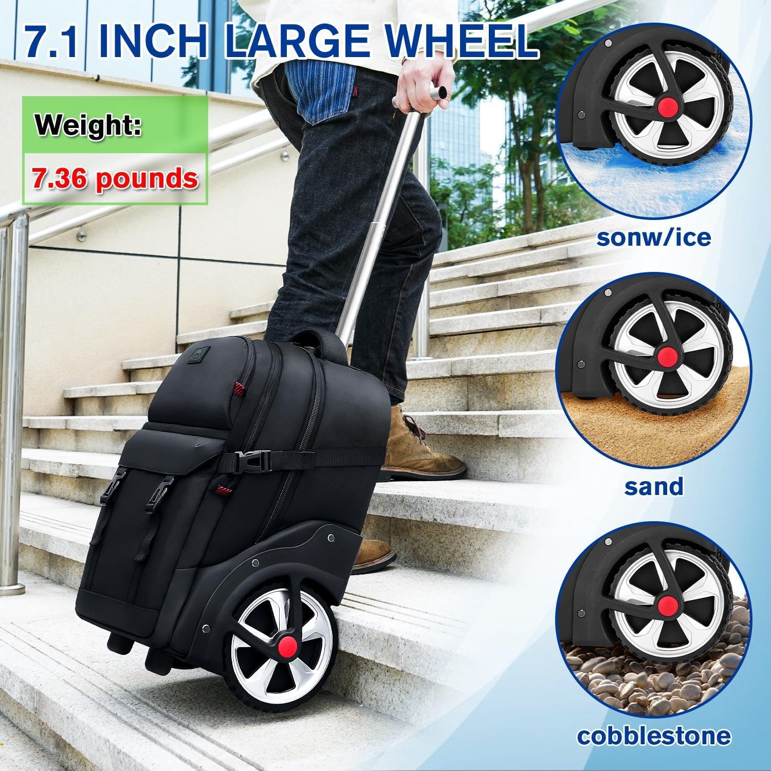 MATEIN Zaino Trolley, Zaini Bagaglio a Mano con Ruote, Zaino Porta PC 17 Pollici, Impermeabile e Antifurto Zaini Viaggio con Rotelle per Uomo, Donna, Scuola, Università, Affari, Nero